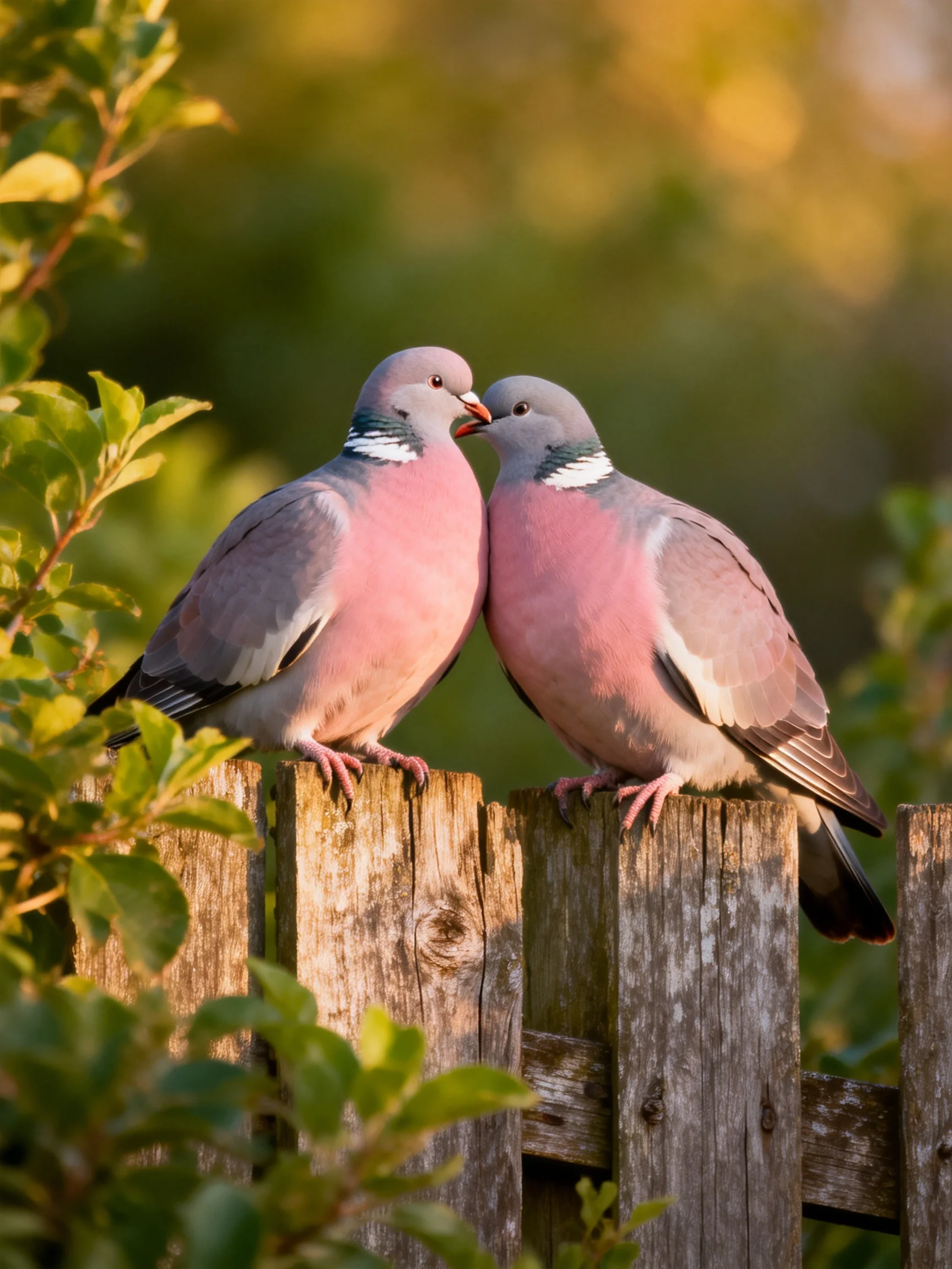 Two pink-and-gray wood pigeons nuzzle on a weathered wooden fence