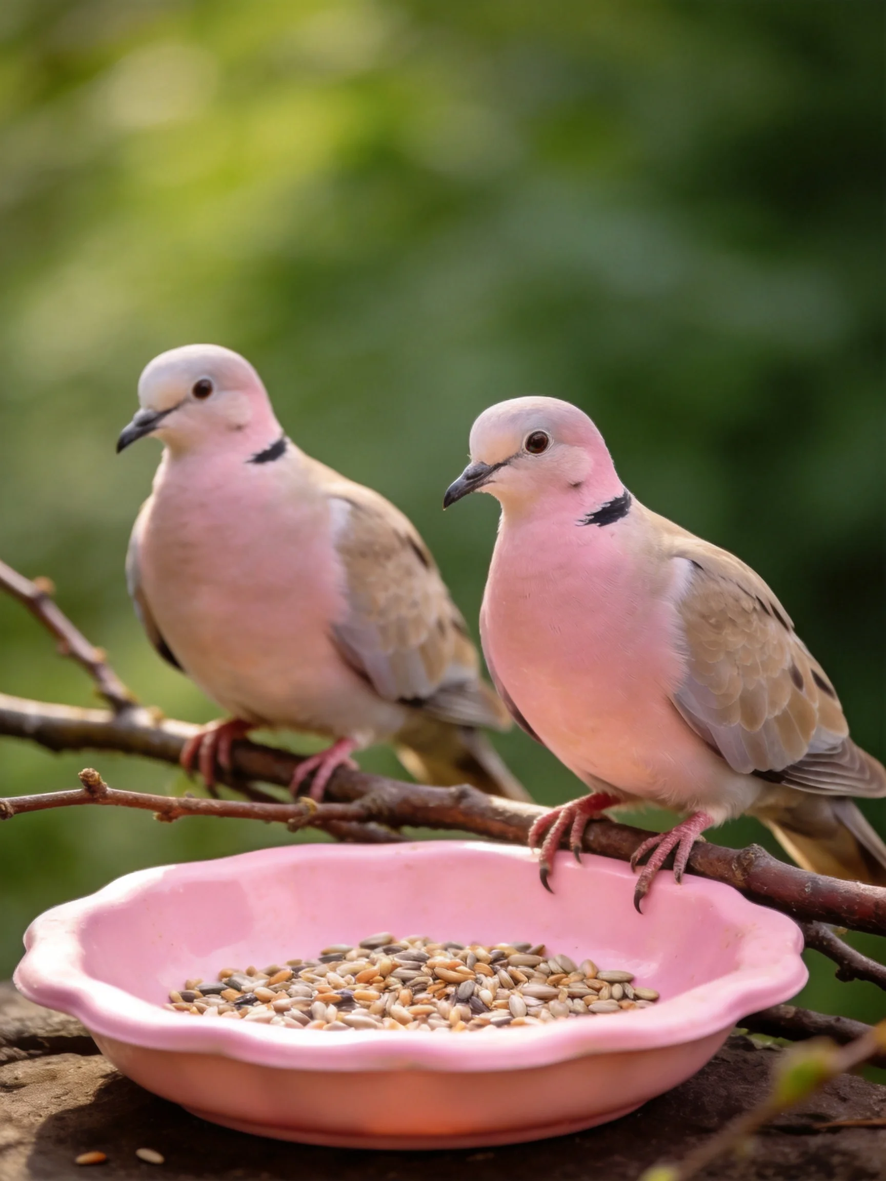 Two pink doves perch near a pink birdseed dish on a branch