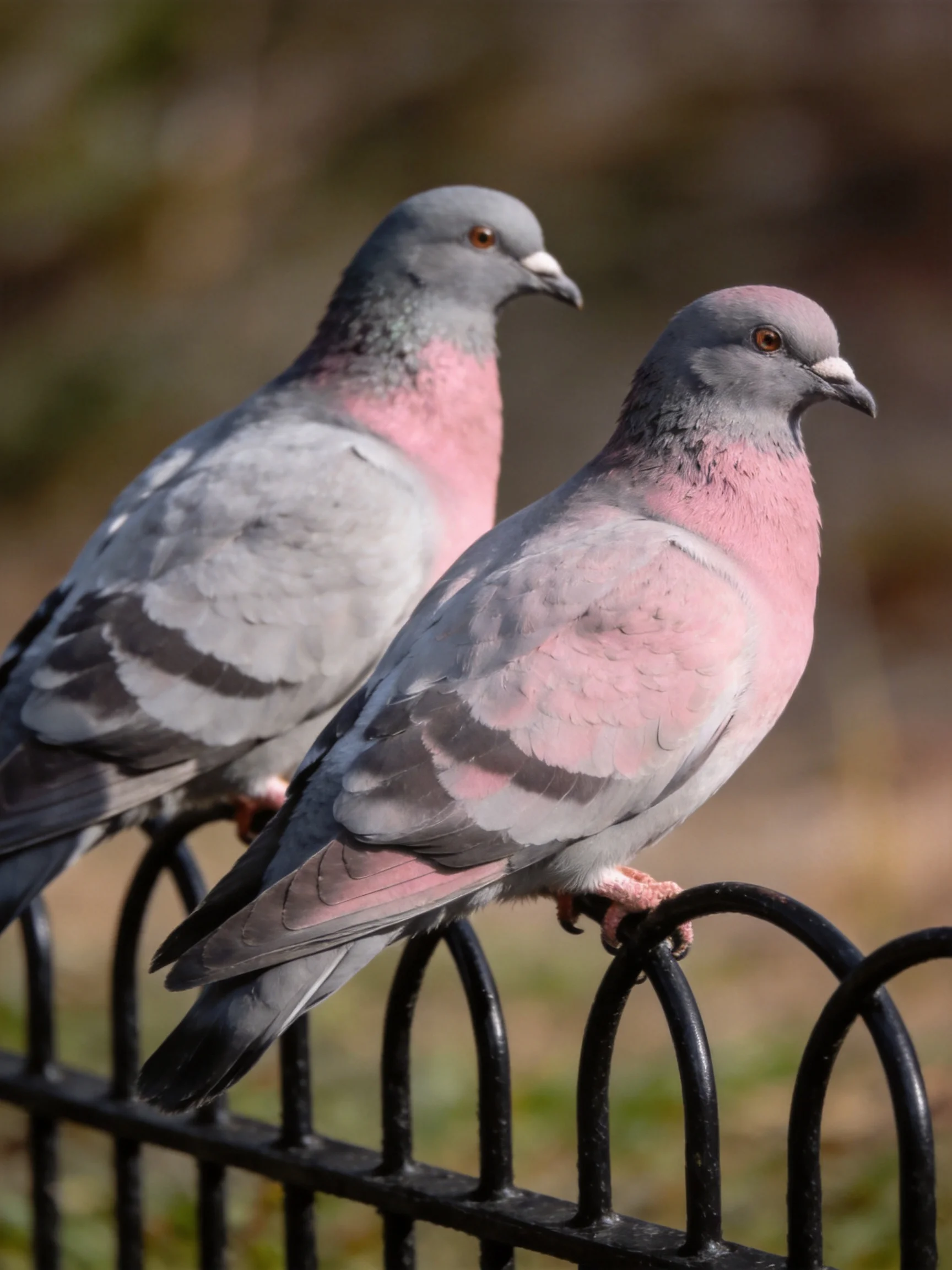 Two pink-throated pigeons perch on a black metal fence