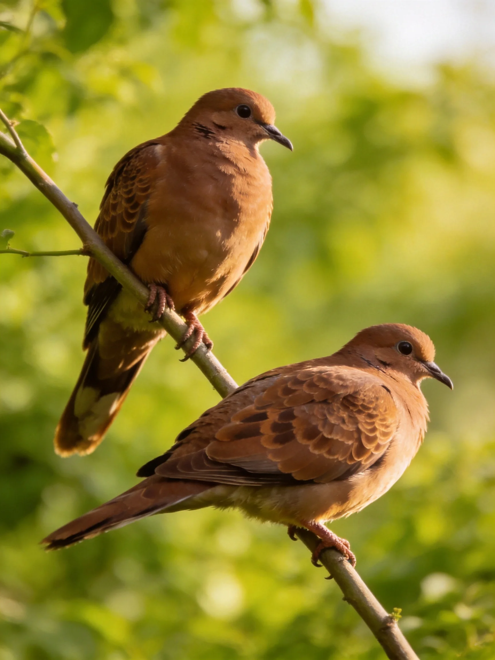 Two reddish - brown doves perched on slender tree branches amidst lush green foliage