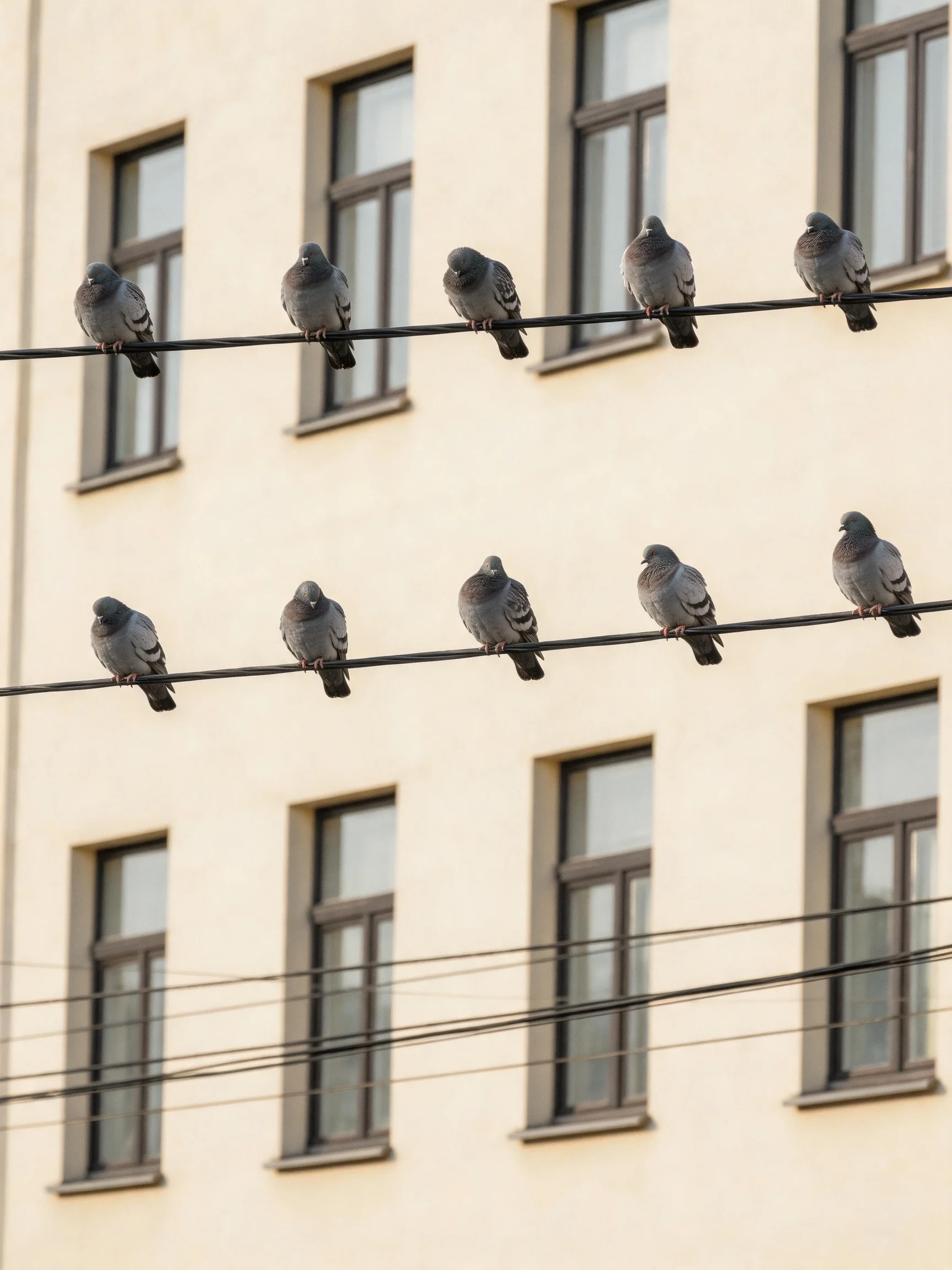 Two rows of five gray pigeons sit on wires before a cream - colored building