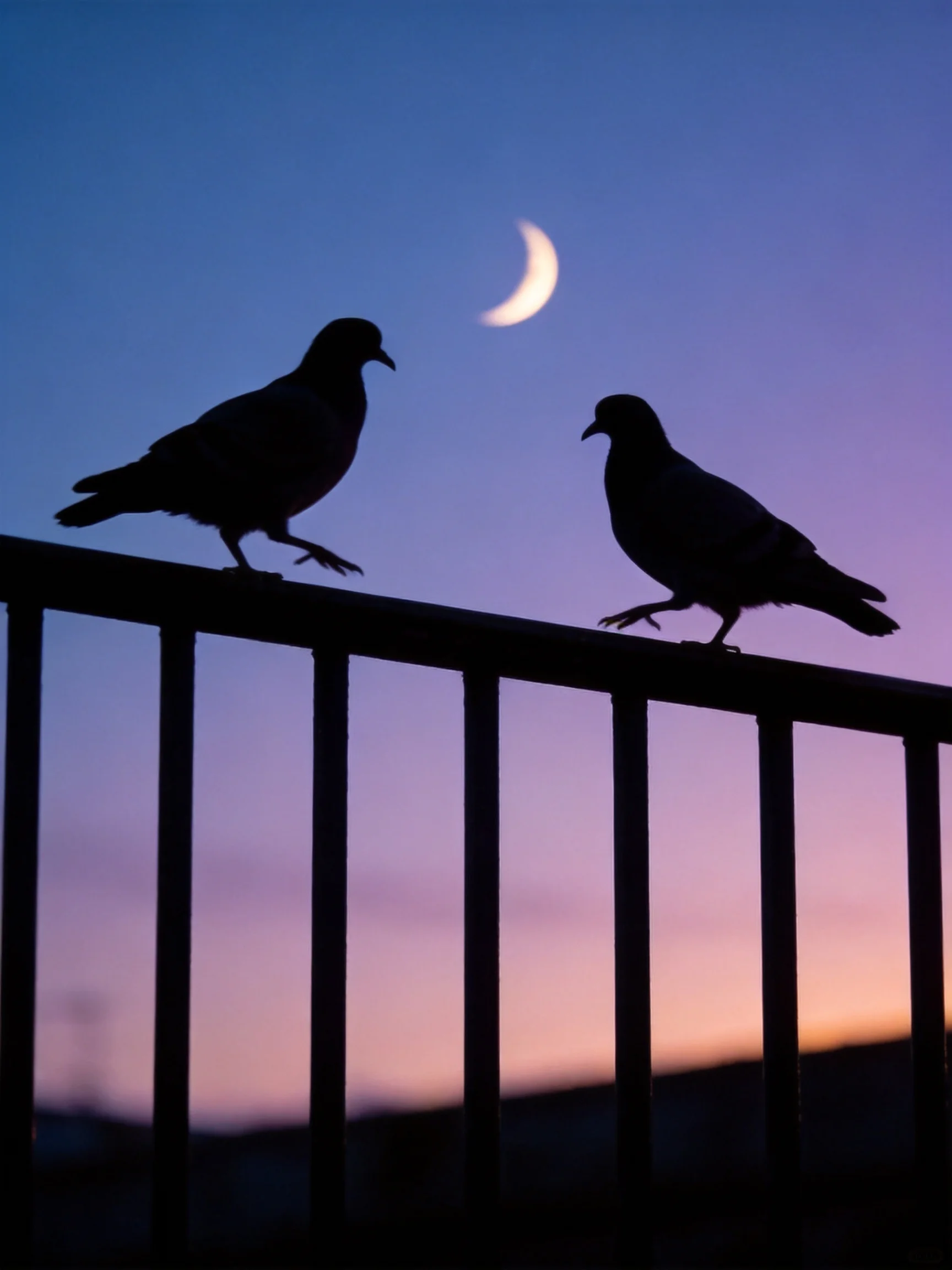 Two silhouetted birds perch on a railing with a crescent moon in a twilight sky