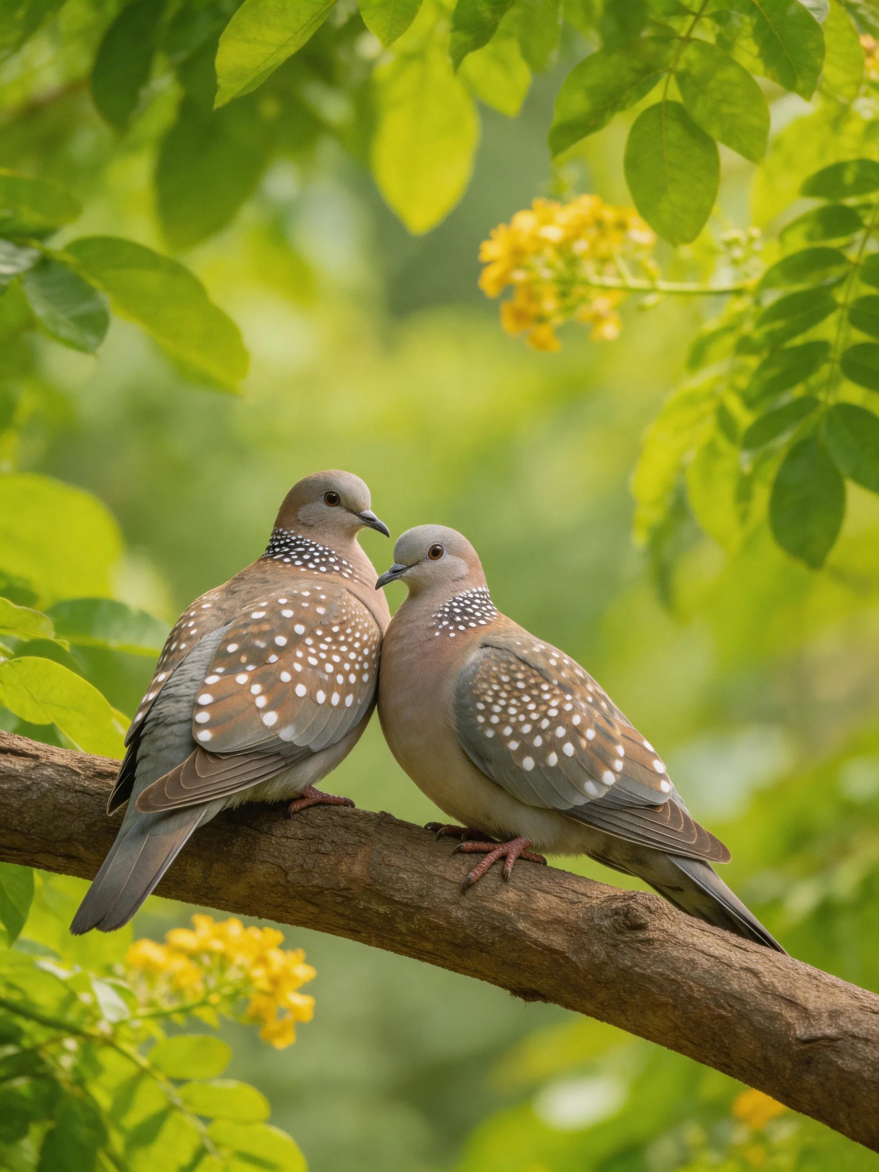 Two spotted doves perch on a branch amid green foliage and yellow flowers