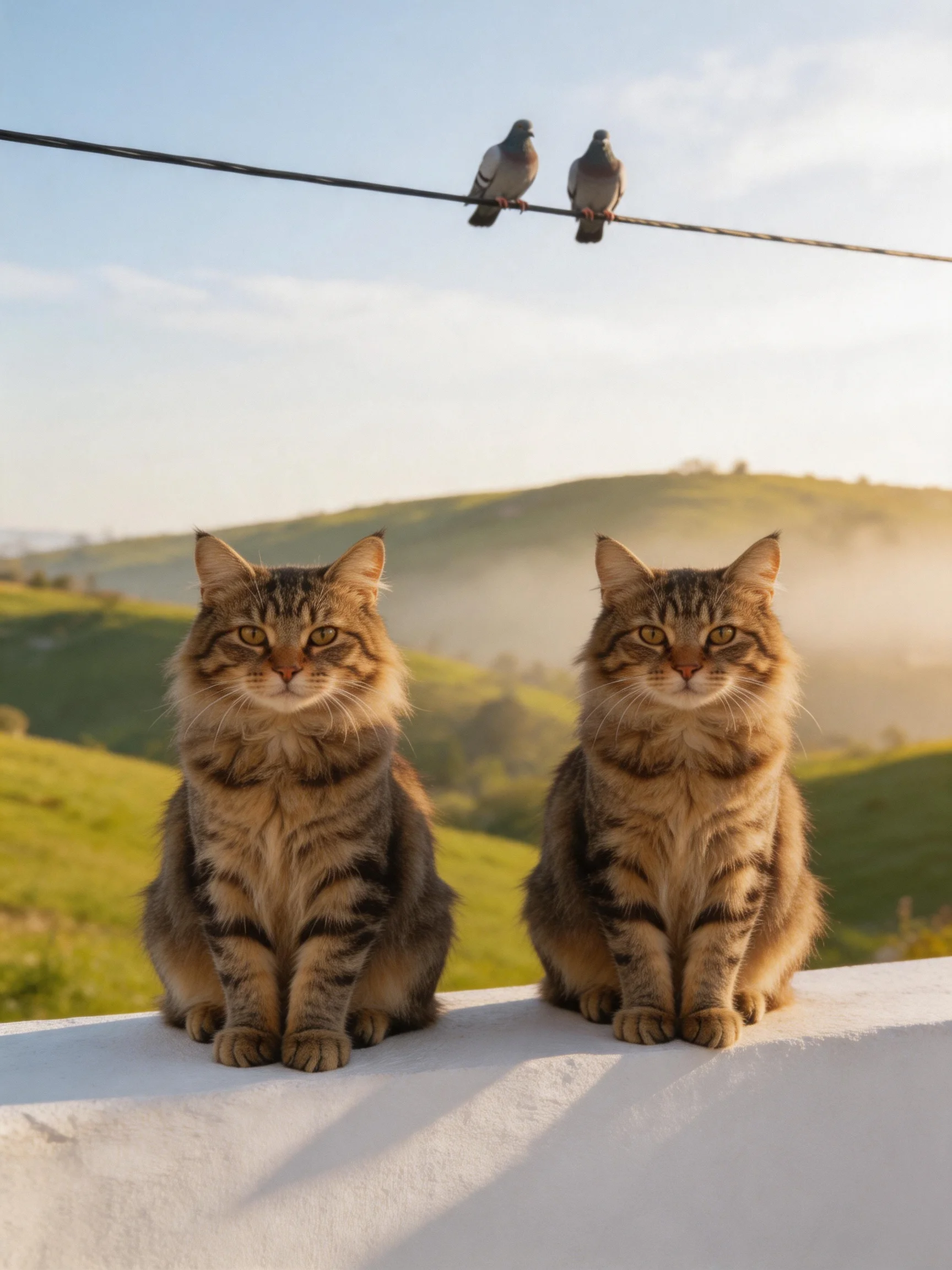 Two tabby cats sit beside a wire with two pigeons, set against rolling green hills