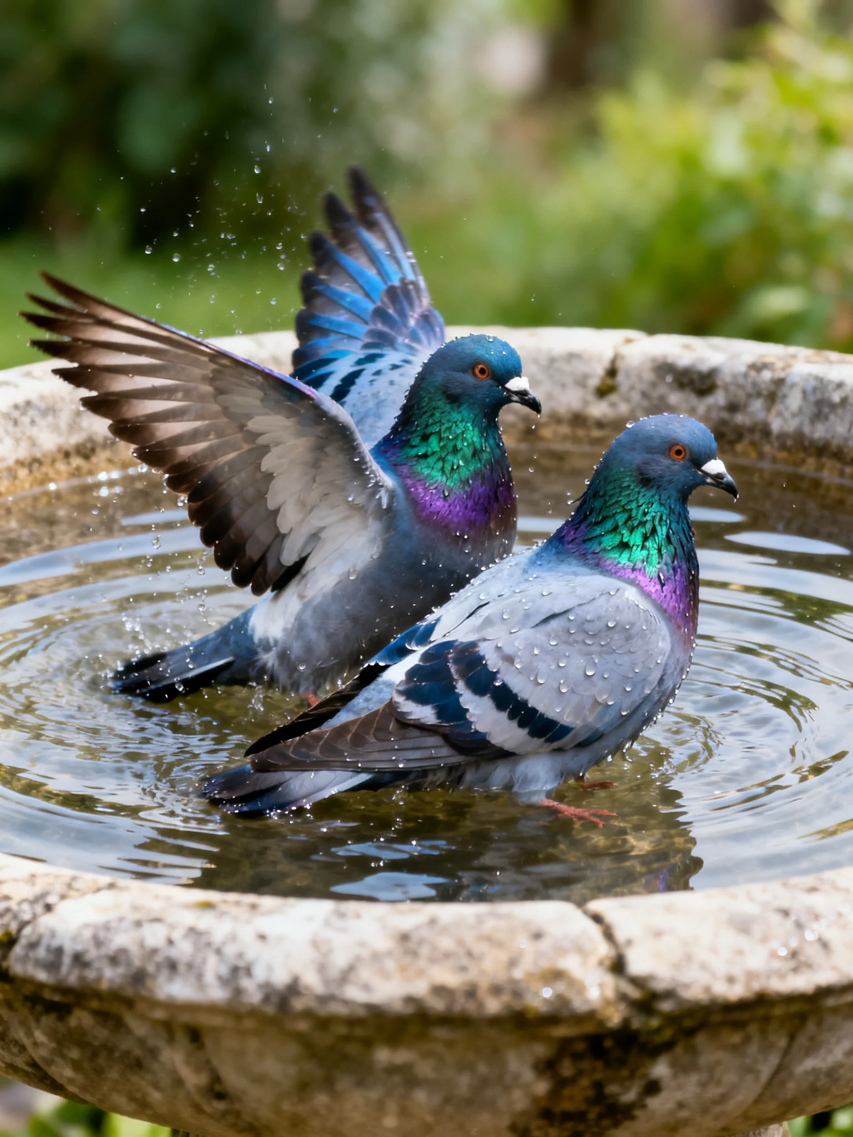 Two vibrant pigeons bathing in a weathered stone bird bath