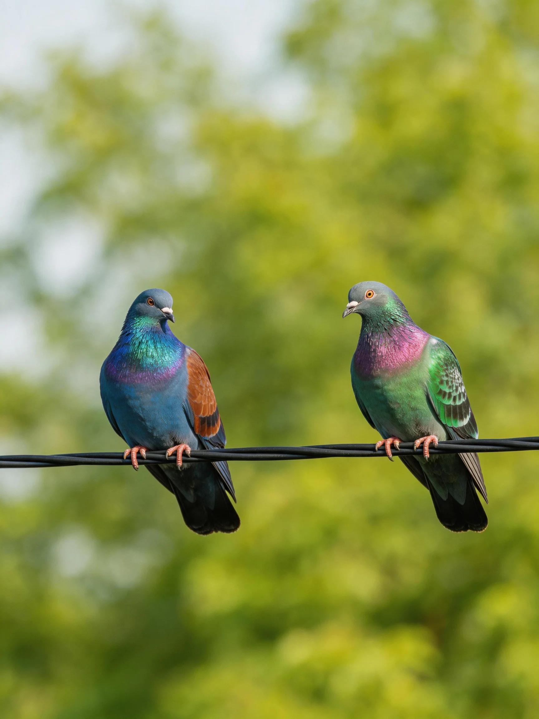Two vibrantly colored pigeons perch on a wire amid lush green foliage