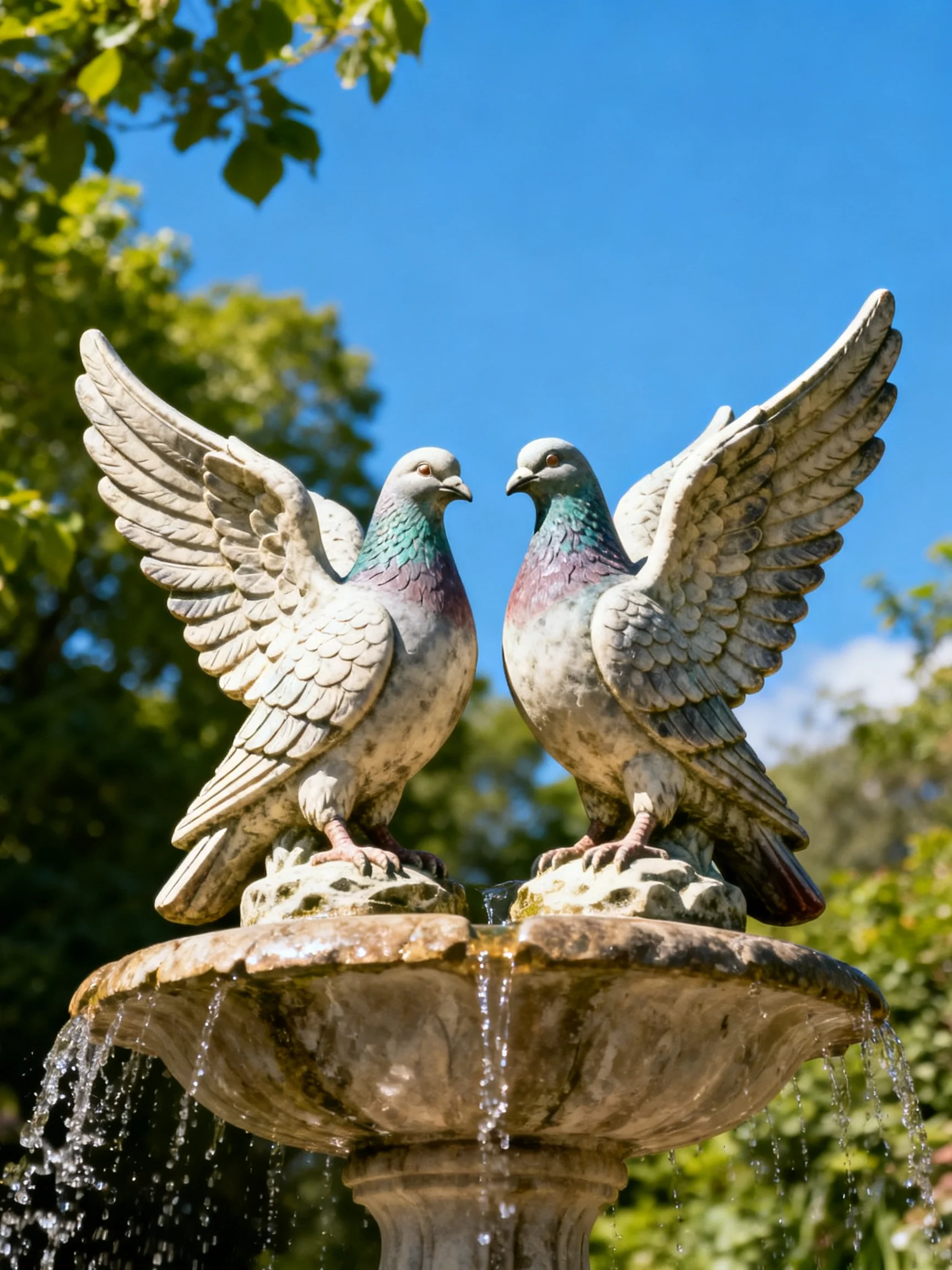 Two weathered stone pigeon statues on a tiered fountain