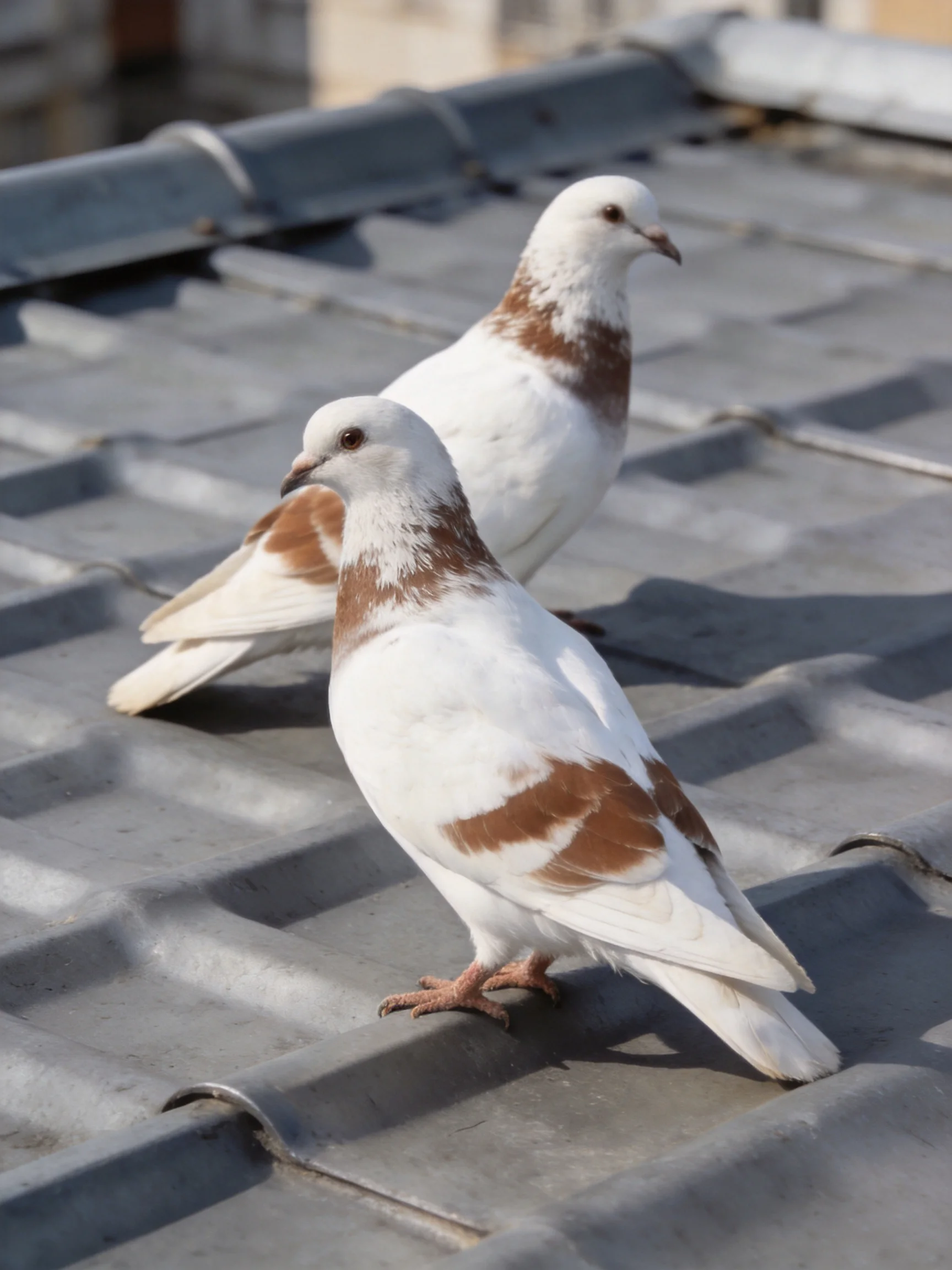 Two white and brown pigeons rest on a gray metal roof.