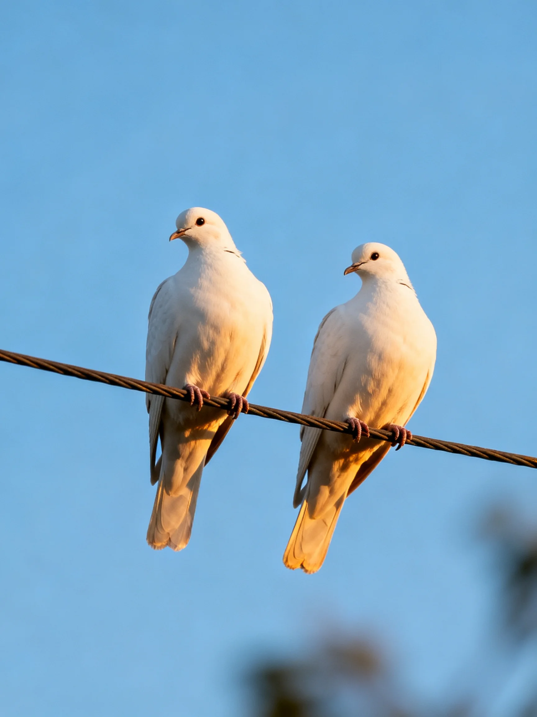 Two white birds perched on a wire with a clear blue sky