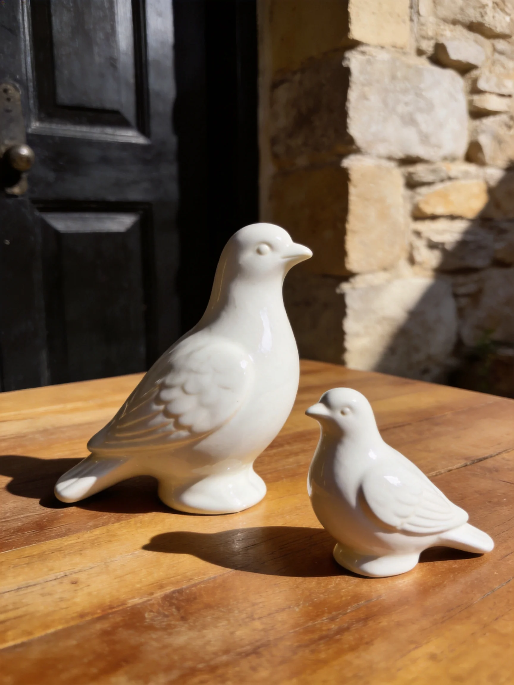 Two white ceramic bird figurines sit on a wooden table near a stone wall