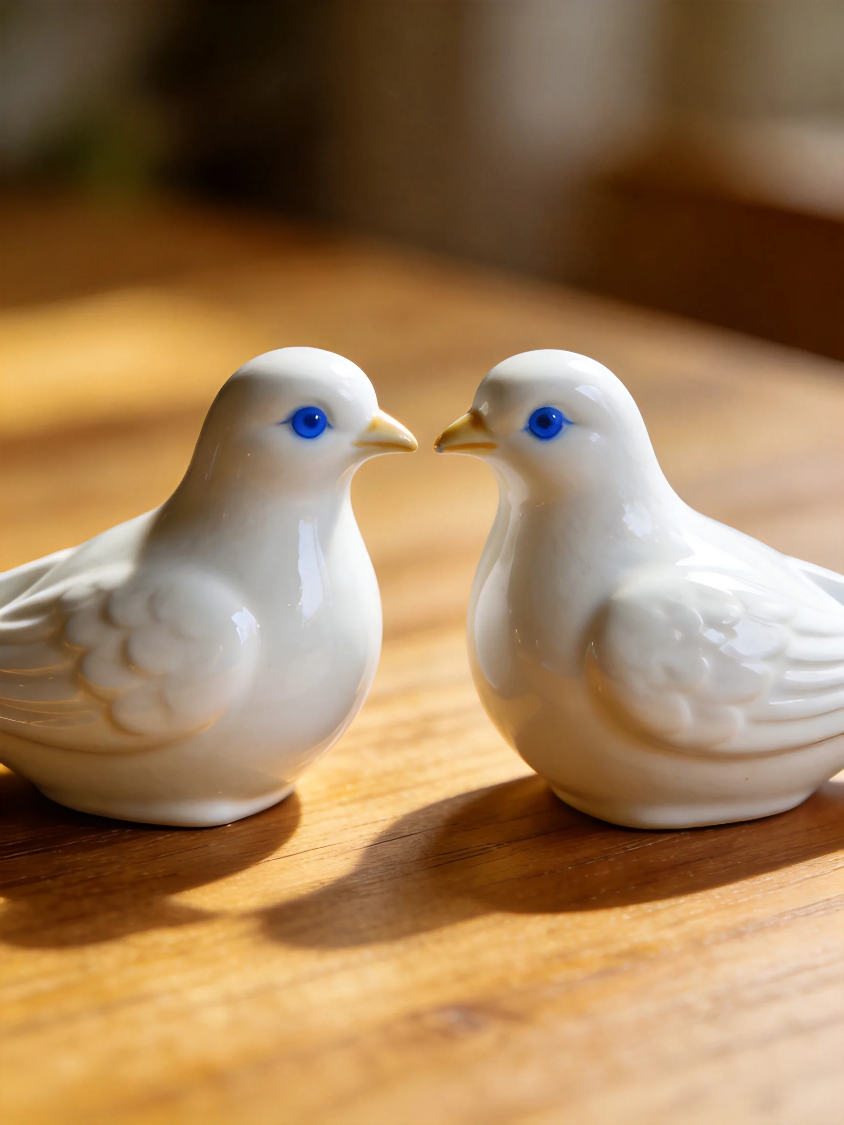 Two white ceramic bird figurines with blue eyes on a wooden surface