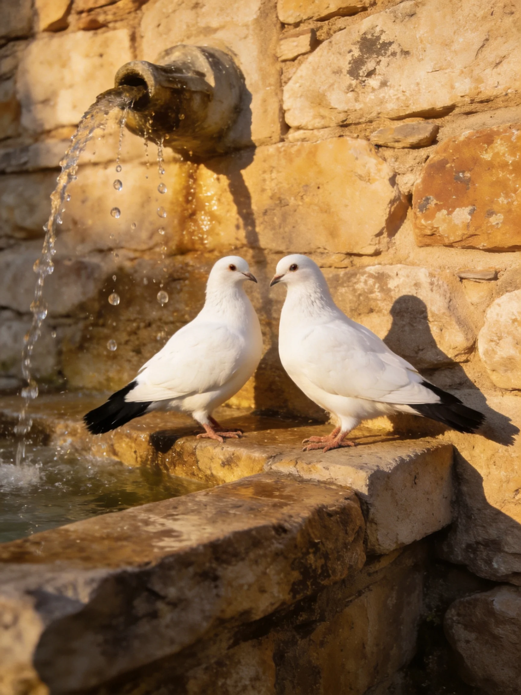 Two white doves near an ancient stone fountain with streaming water