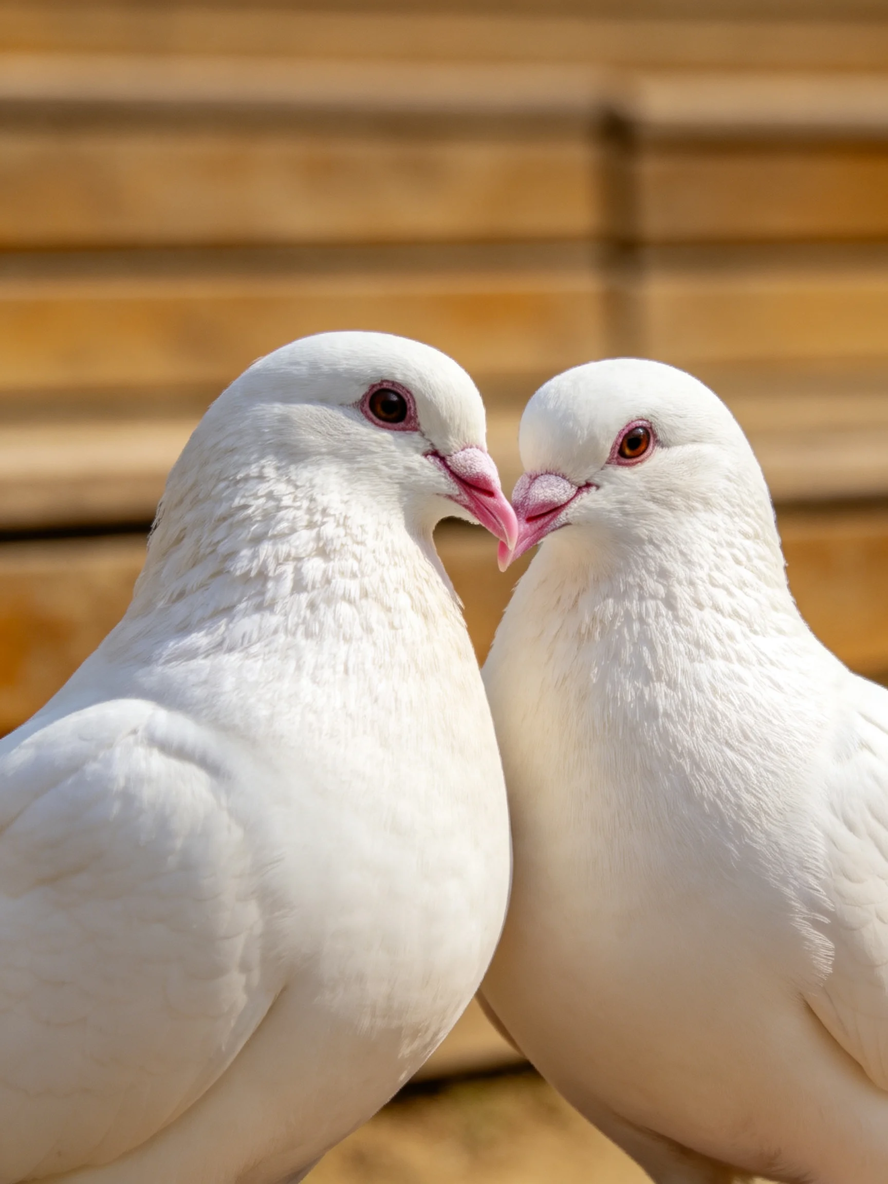 Two white doves nuzzling near a wooden fence