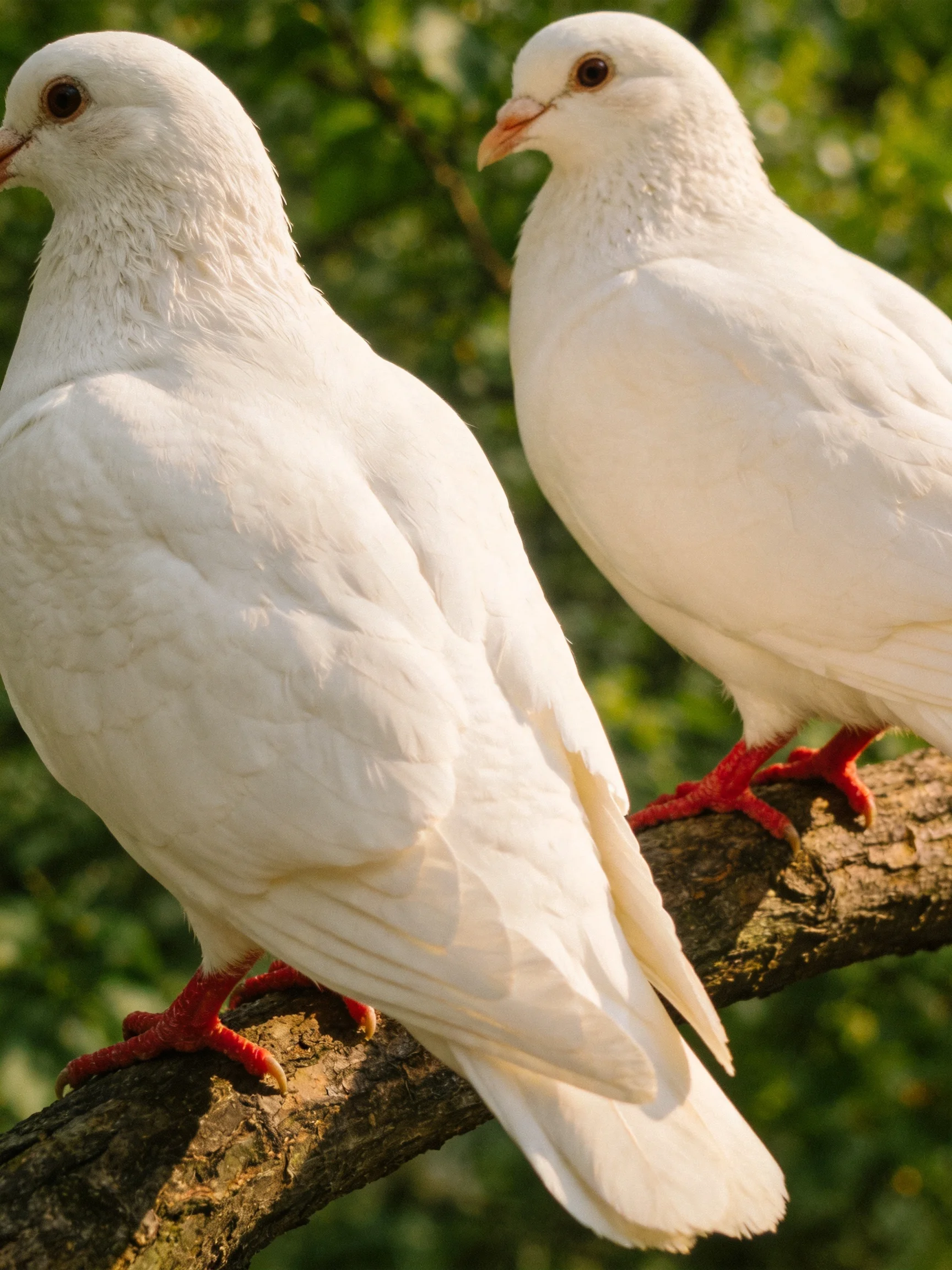 Two white doves perch on a brown tree branch with red feet