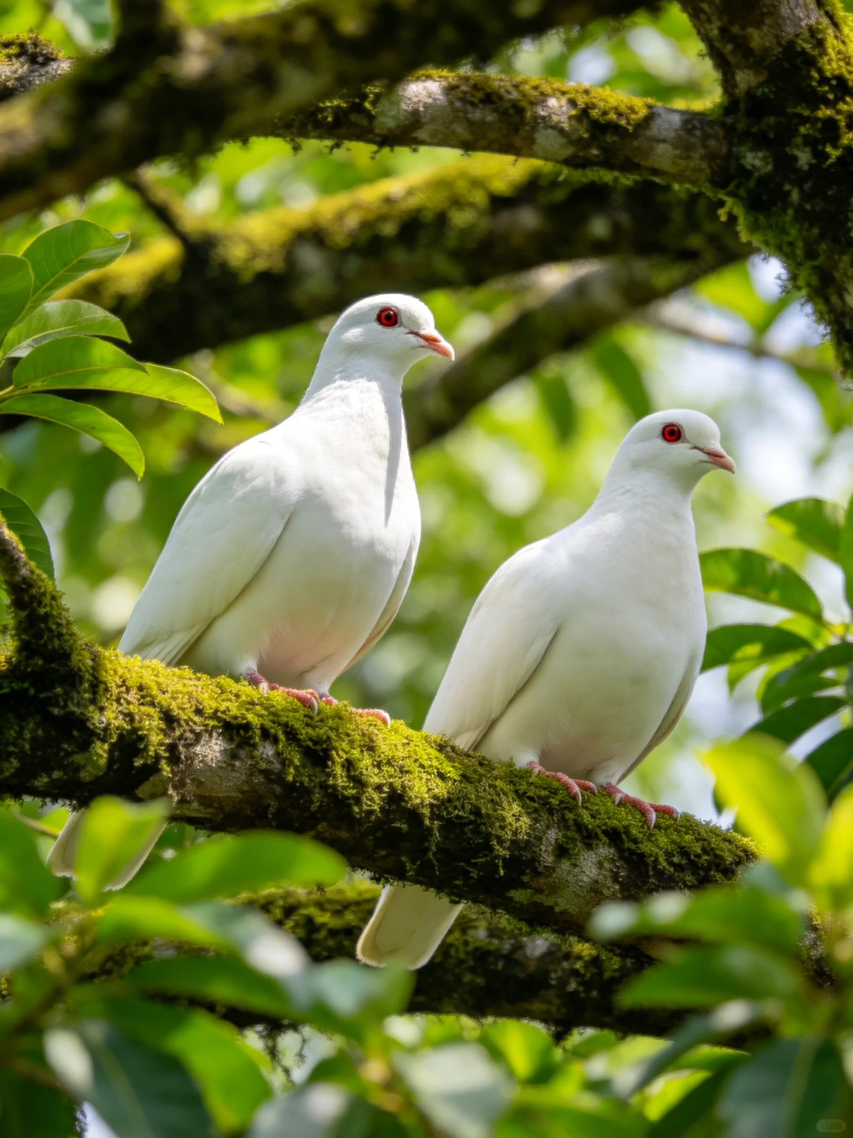 Two white doves perch on a moss-covered tree branch