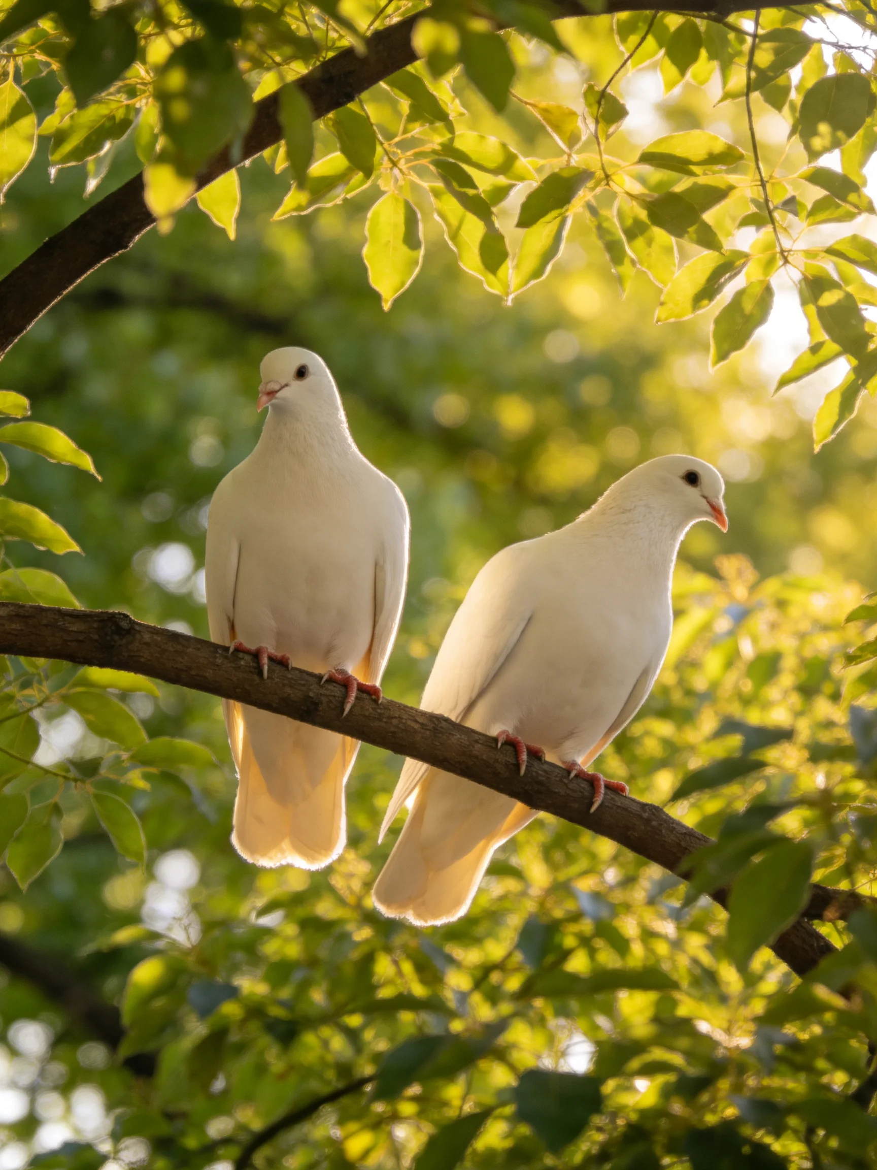 Two white doves perch on a tree branch amid lush green foliage