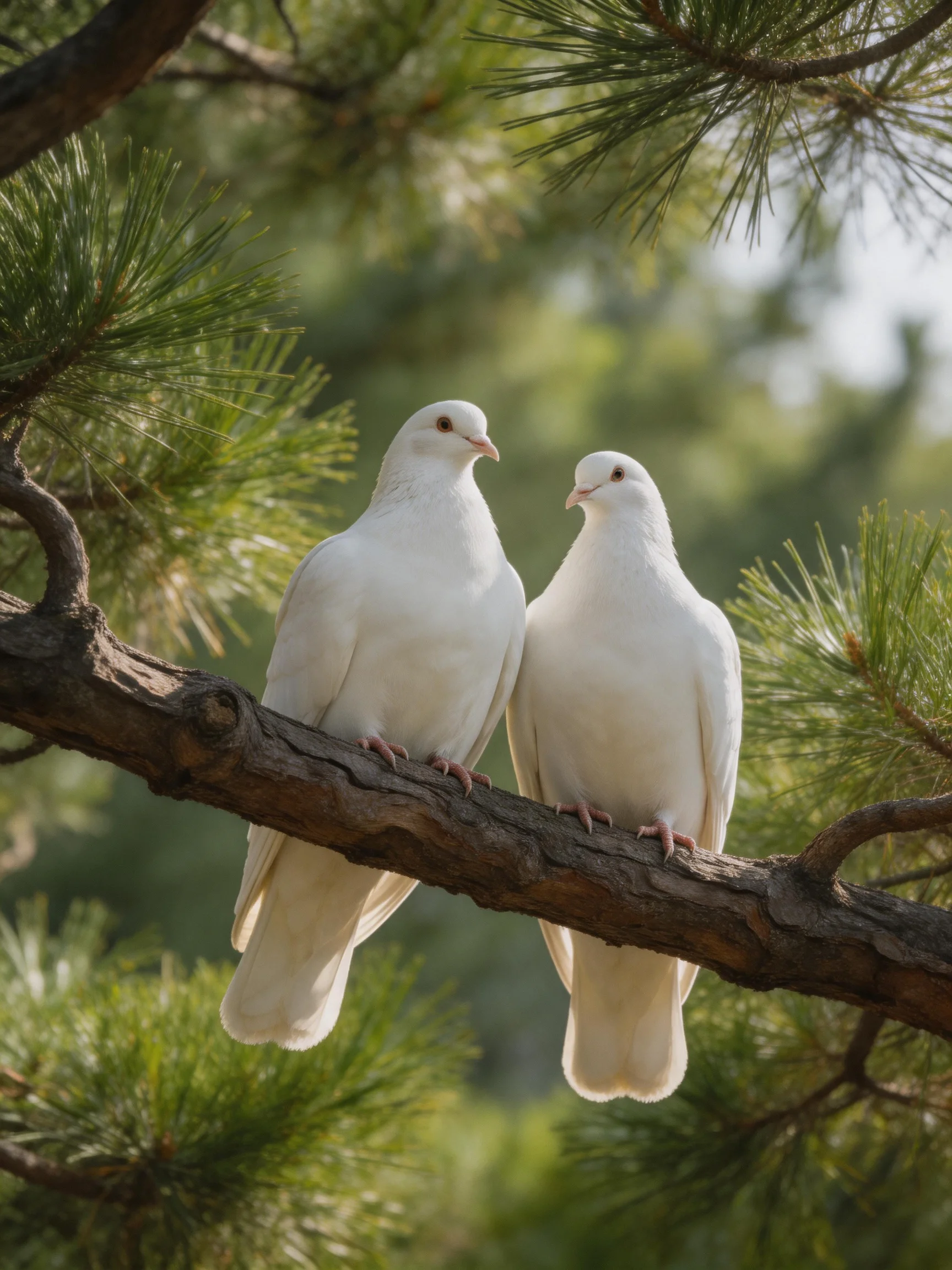 Two white doves perched on a pine tree branch