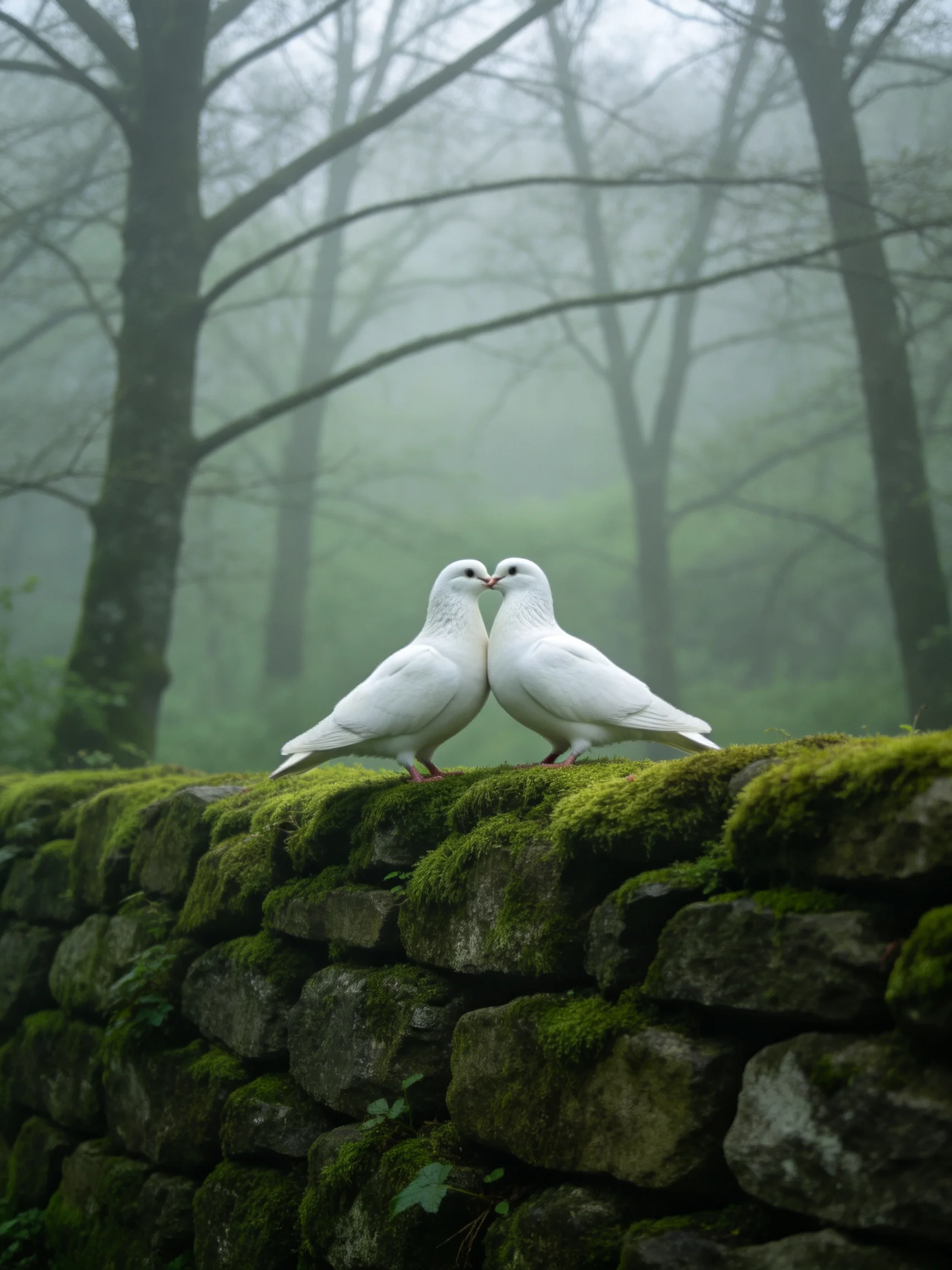 Two white doves rest on a moss-covered stone wall in a foggy forest