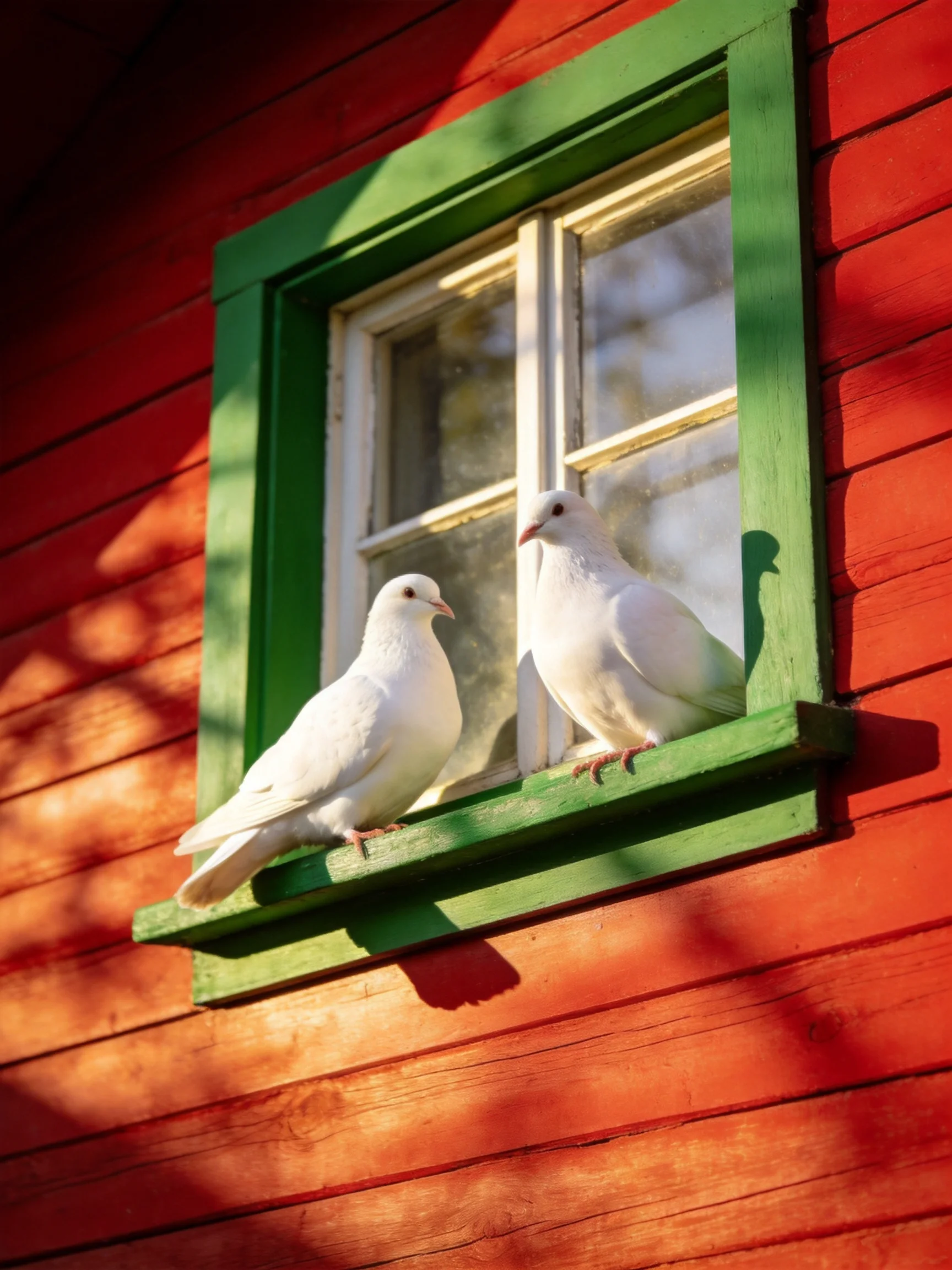 Two white doves sit on a green-trimmed window ledge of a red wooden house