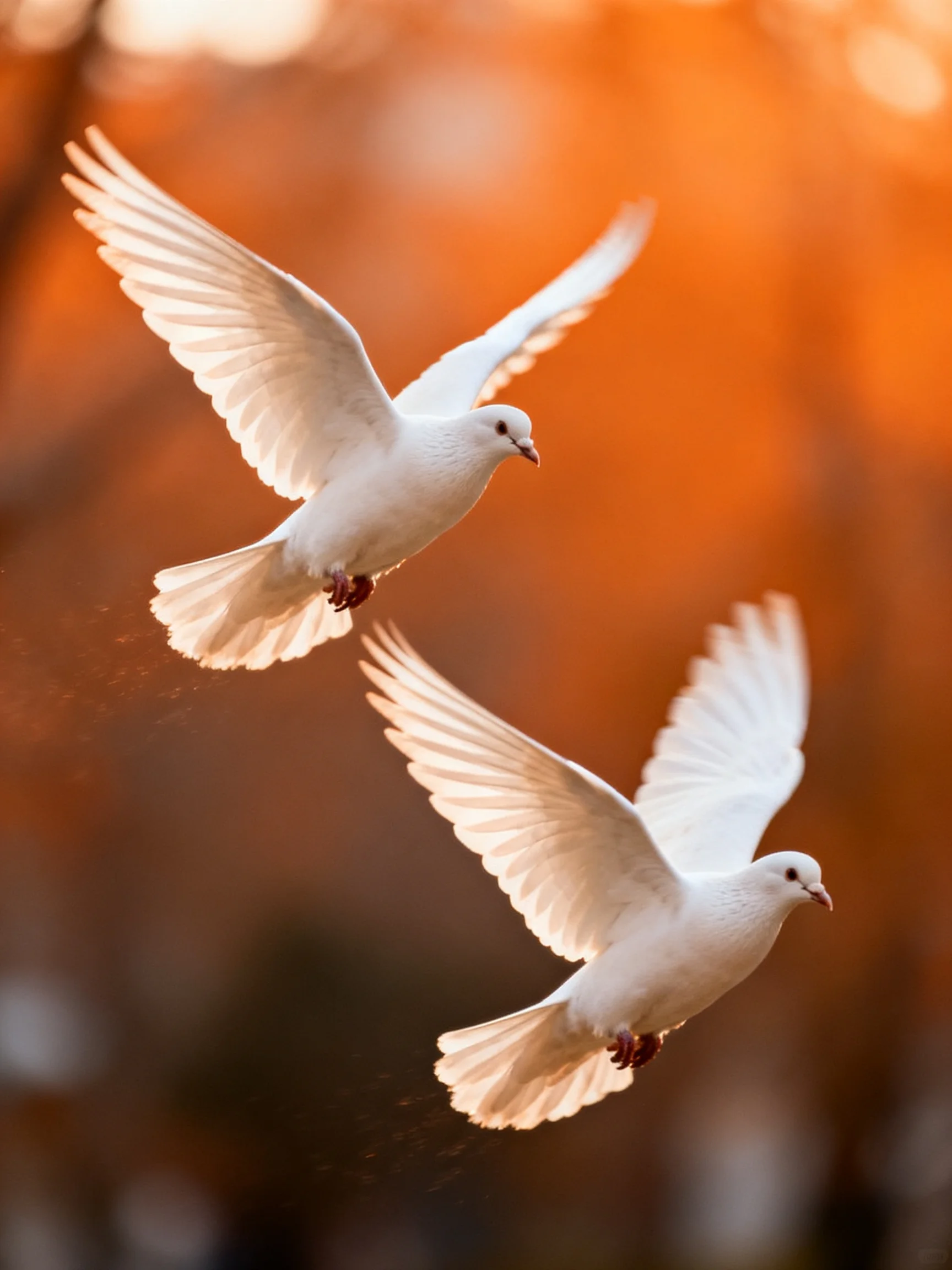 Two white doves soar against a warm, orange-hued backdrop