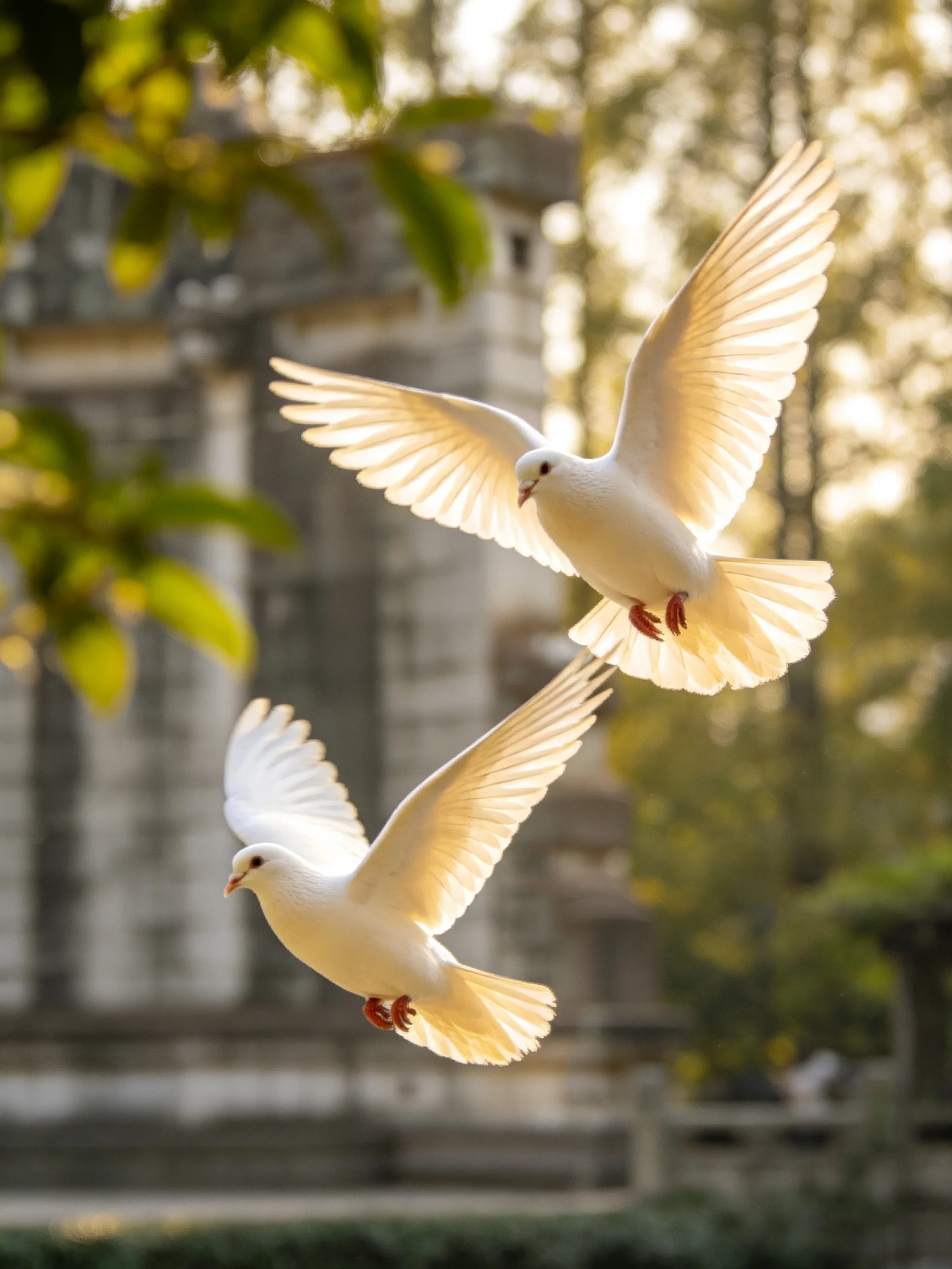 Two white doves soar near a historic stone building