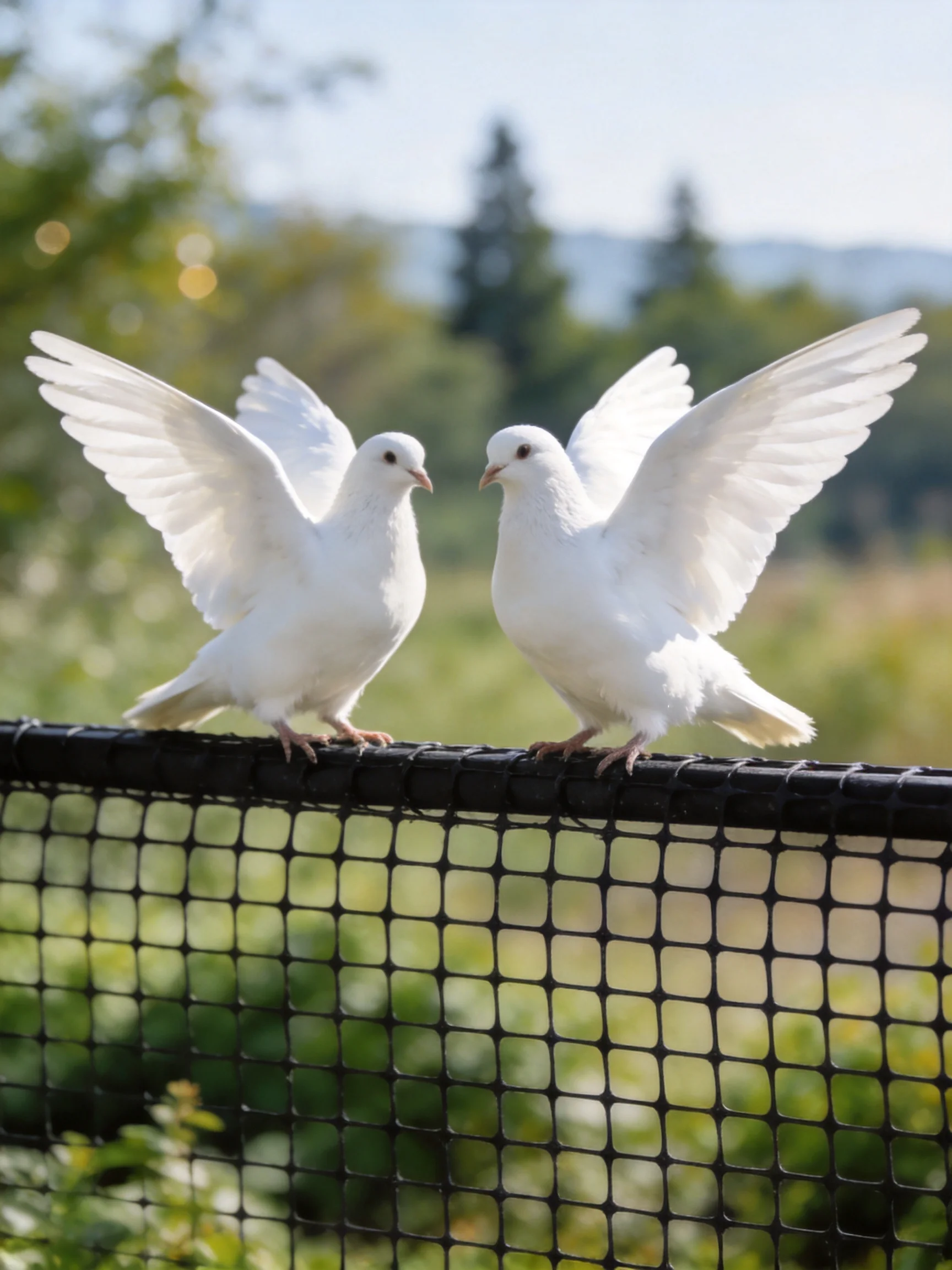 Two white doves spread wings on a black fence with greenery backdrop