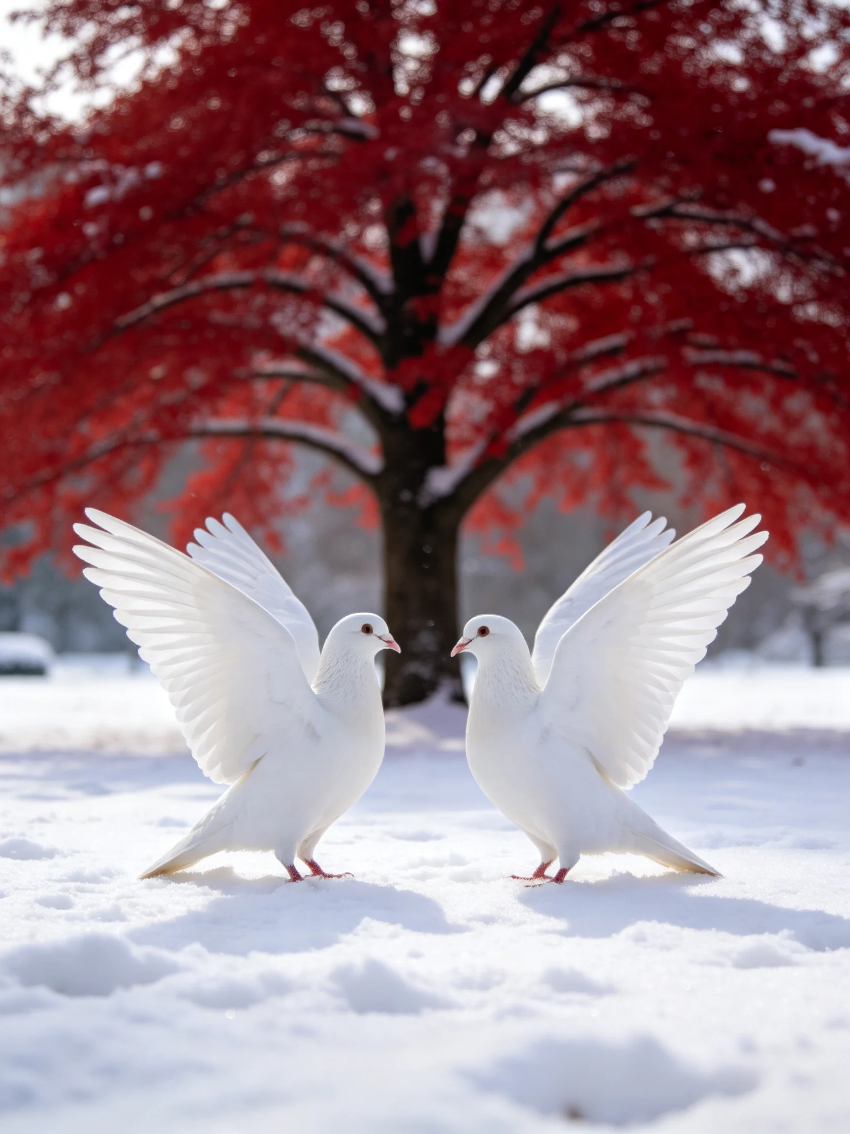 Two white doves face each other on snow beside a red-leaved tree.
