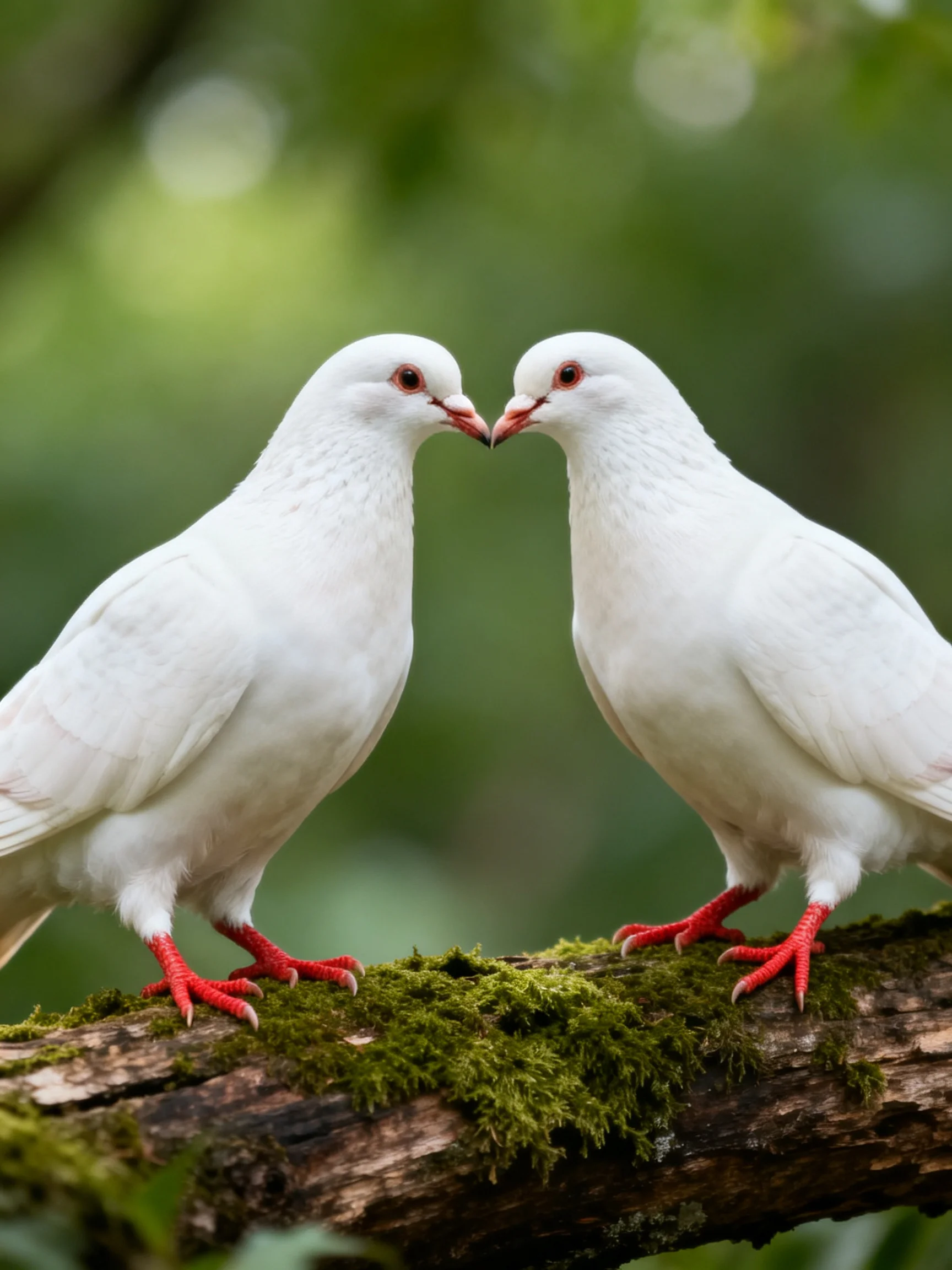 Two white doves with red feet on a moss-covered branch