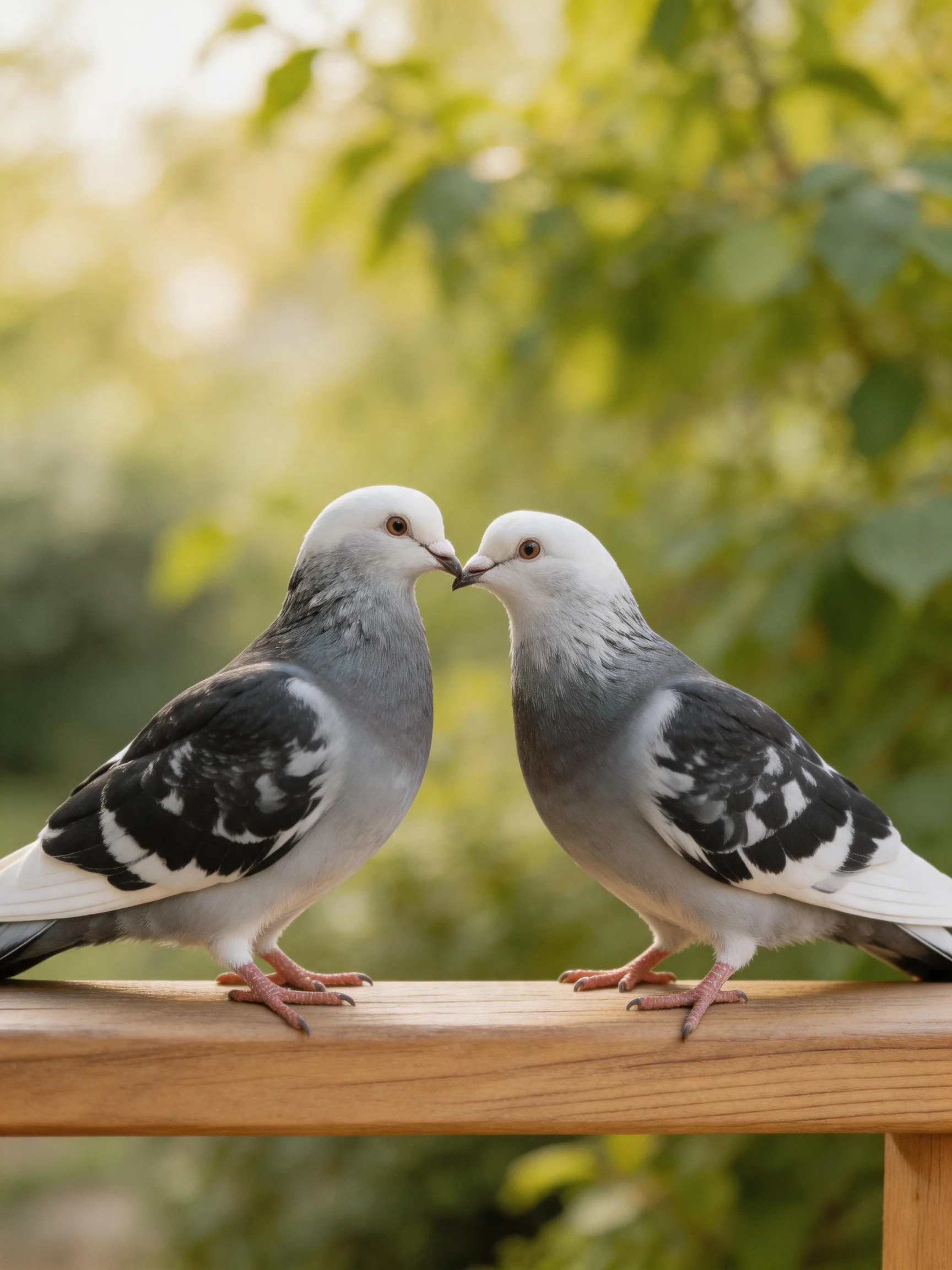 Two white-headed pigeons with gray bodies share a moment on a wooden railing