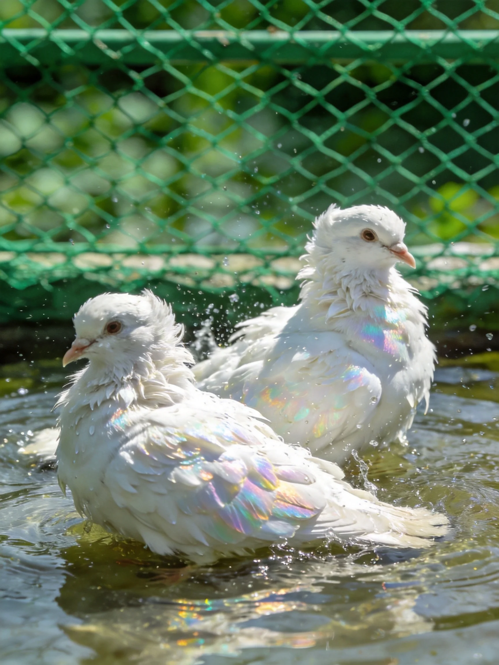 Two white pigeons bathe in water near a green fence