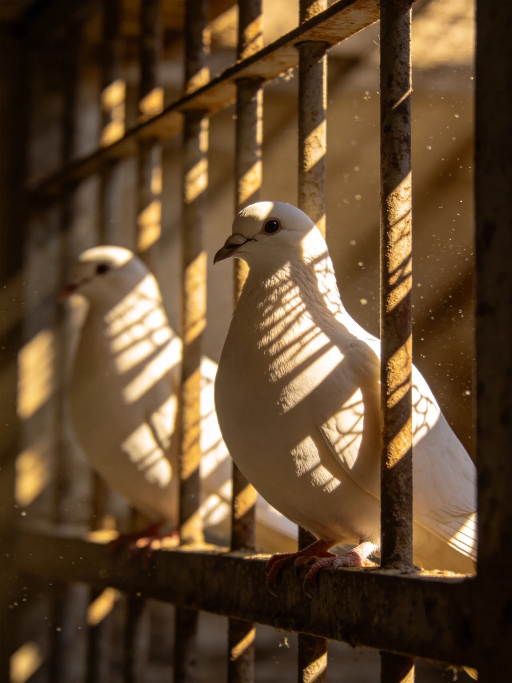 Two white pigeons behind rusted metal bars in golden light