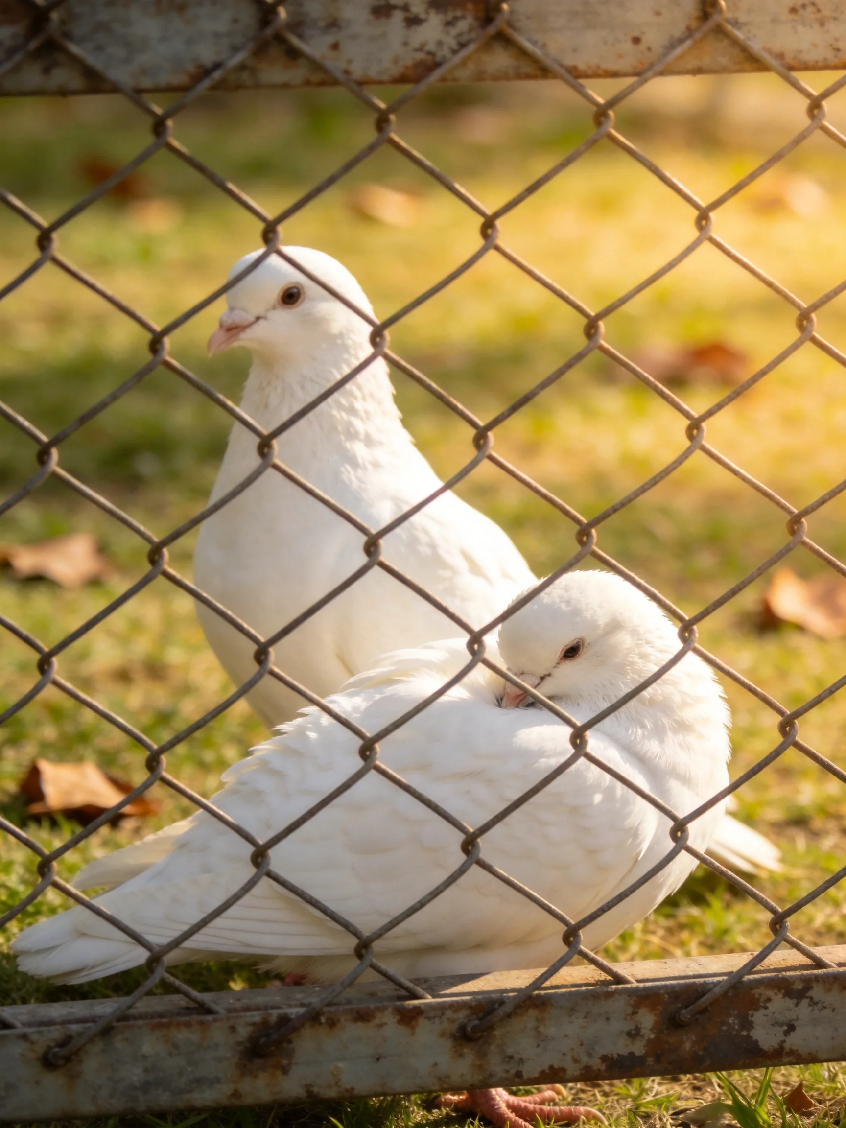Two white pigeons near a rusty chain-link fence