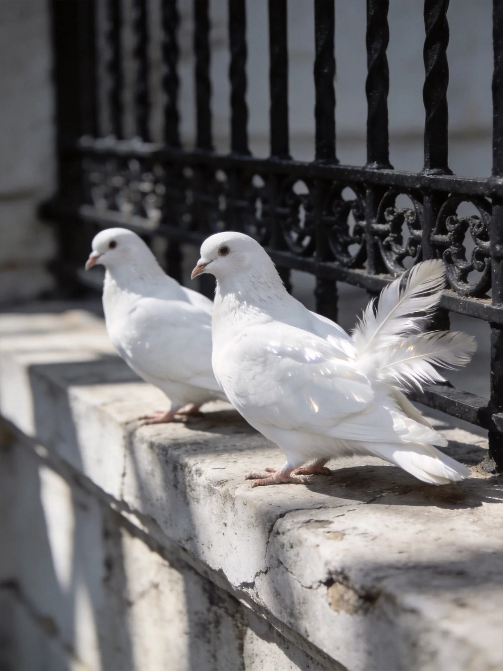 Two white pigeons perch on a weathered stone ledge by an ornate black fence