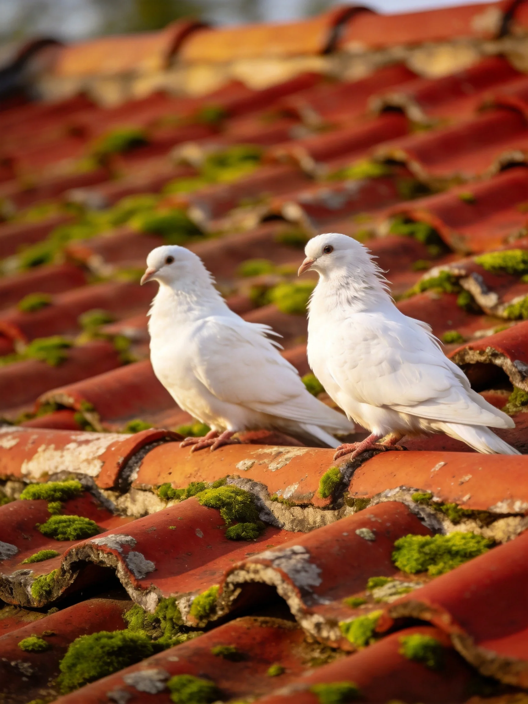 Two white pigeons perch on an aged red - tiled roof with green moss