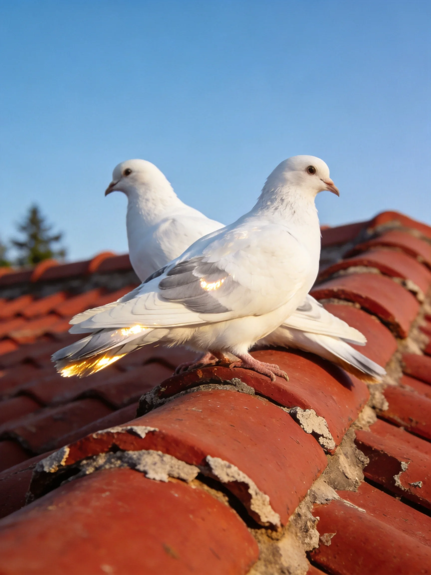 Two white pigeons rest on a weathered red tile roof beneath a bright blue sky