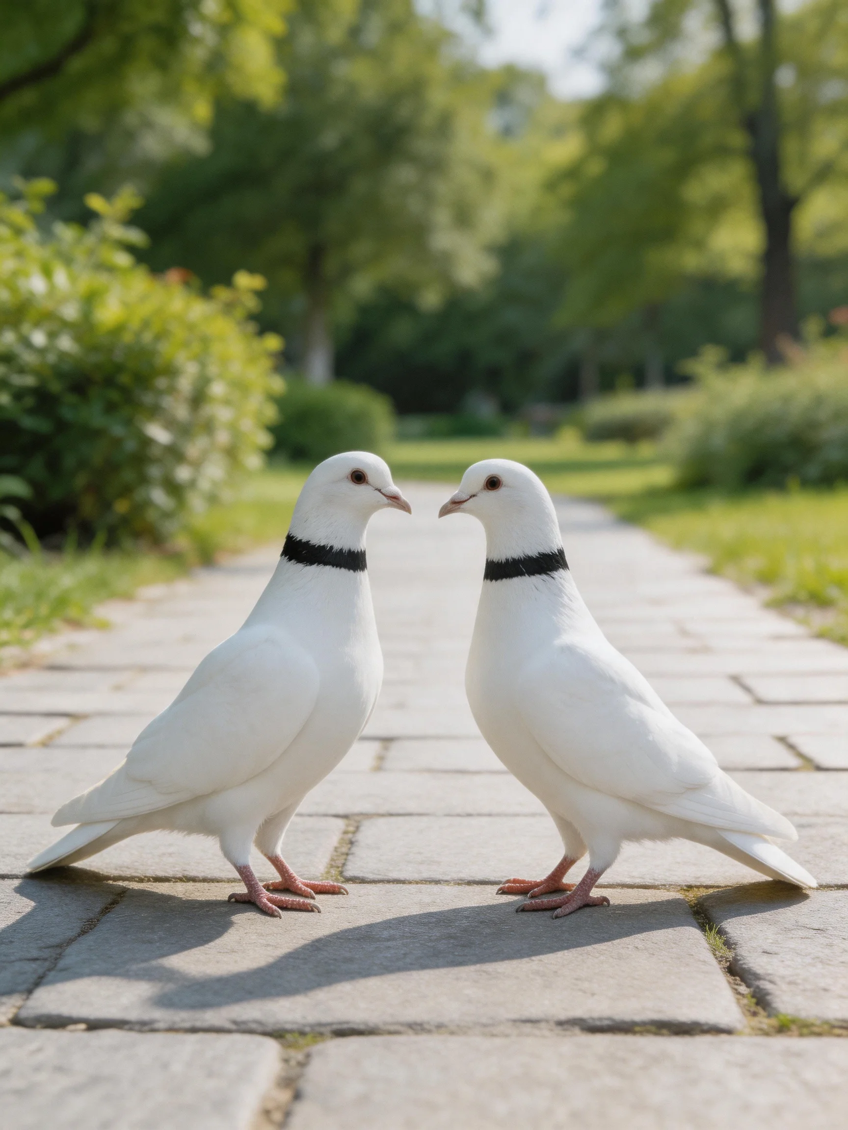 Two white pigeons with black neck bands stand on a stone path in a lush green park