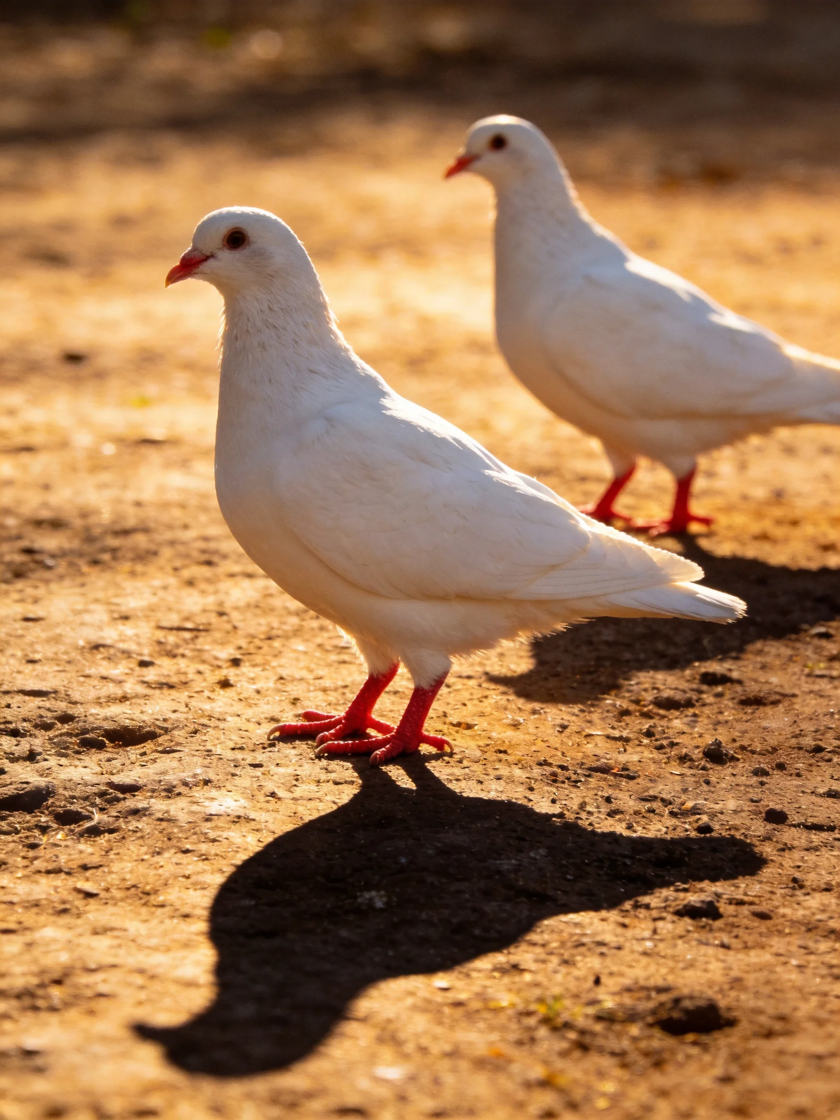 Two white pigeons with red feet stand on a sunlit dirt area.