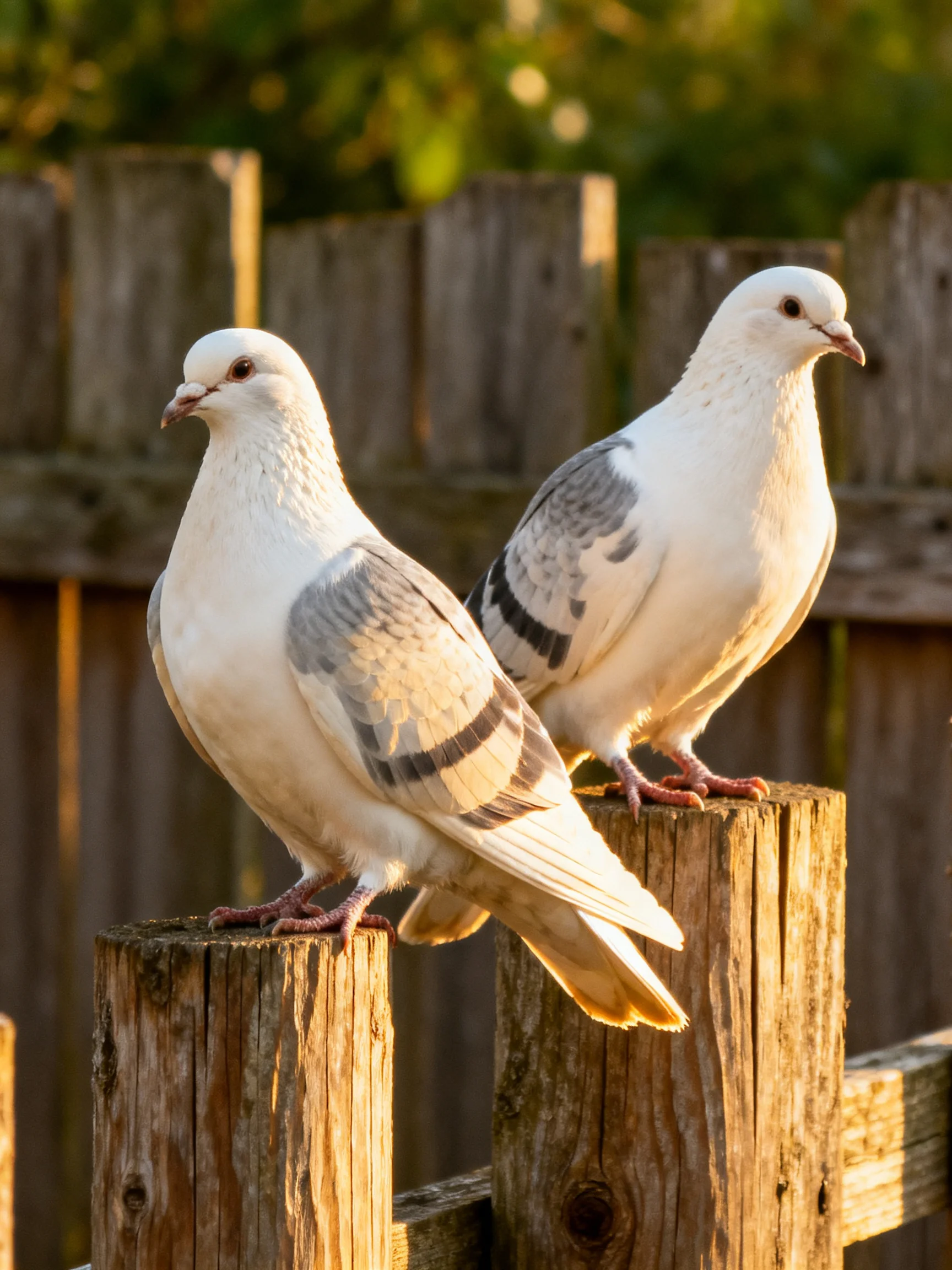 Two white pigeons with gray wings sit on weathered fence posts in a sunlit setting.