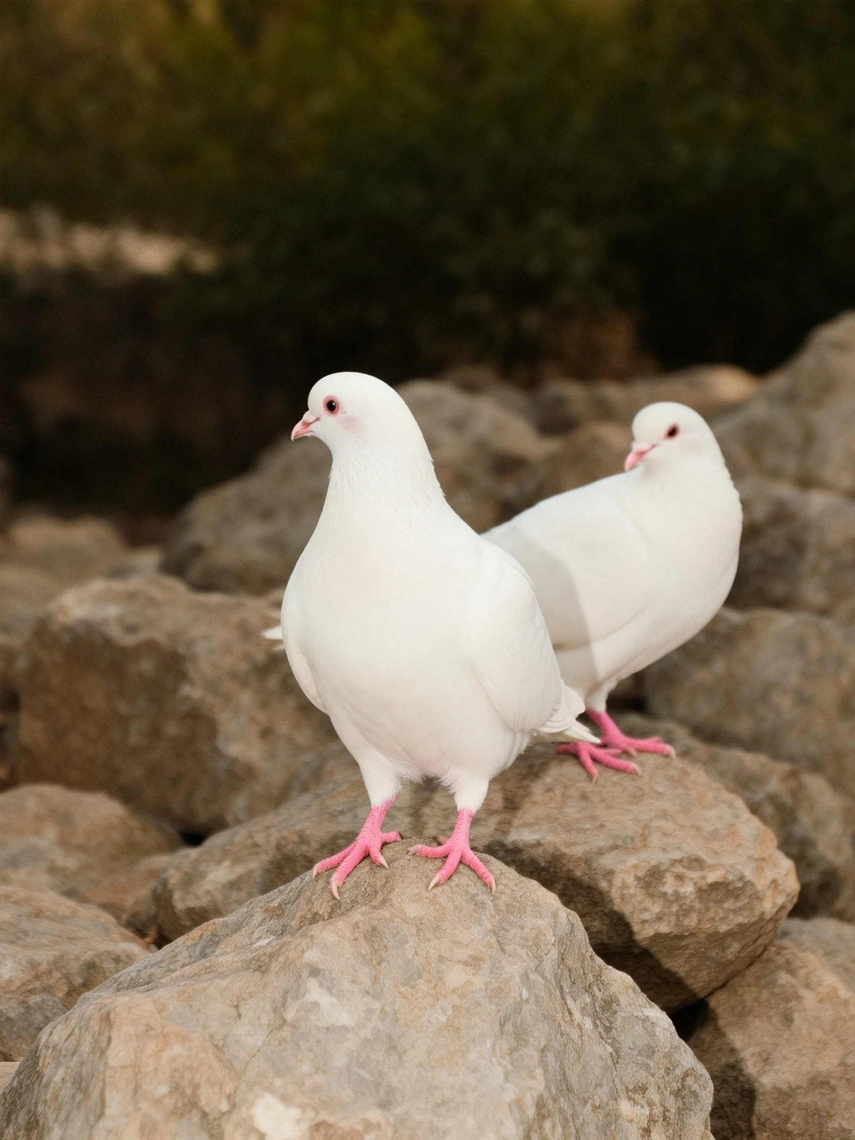 Two white pigeons perch on rocks in an outdoor setting