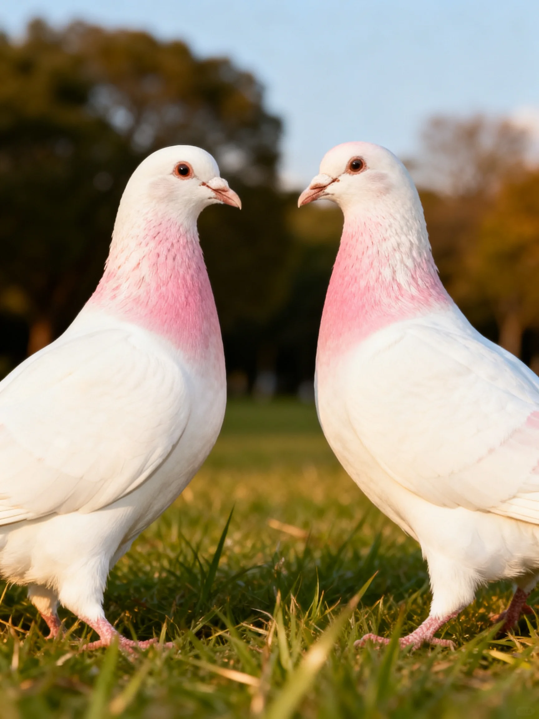 Two white pigeons with pink necks stand on green grass