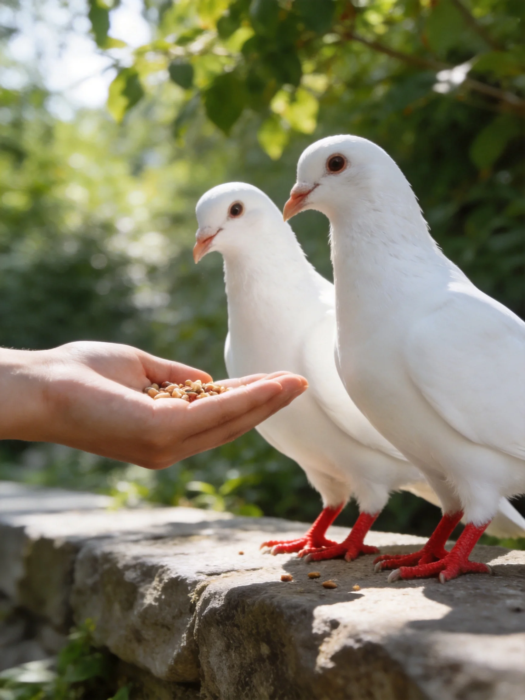 Two white pigeons with red feet gather near a hand offering birdseed outdoors