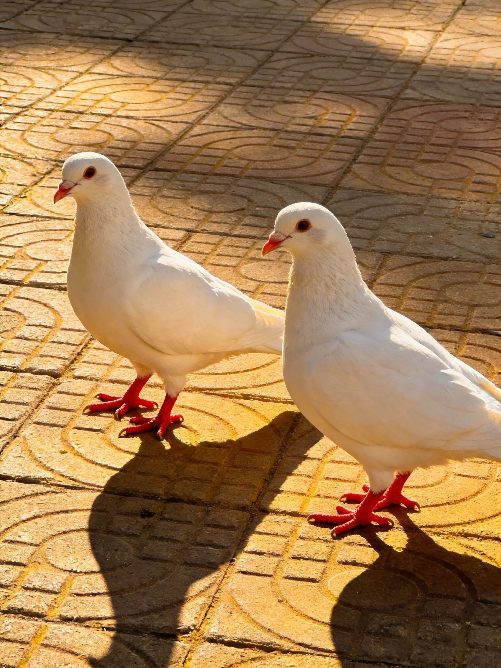 Two white pigeons with red feet on intricately patterned pavement
