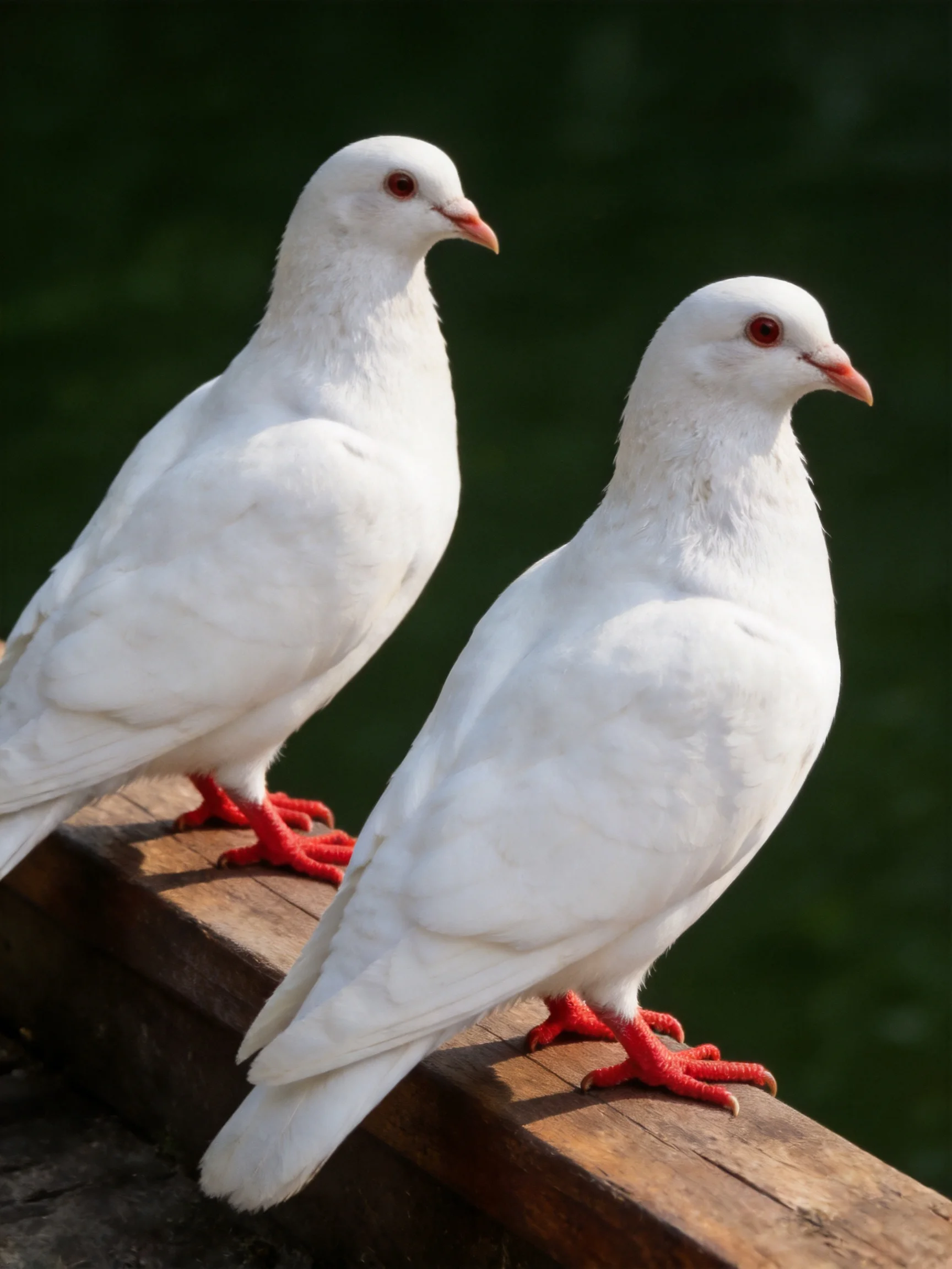 Two white pigeons with red feet perched on a wooden beam
