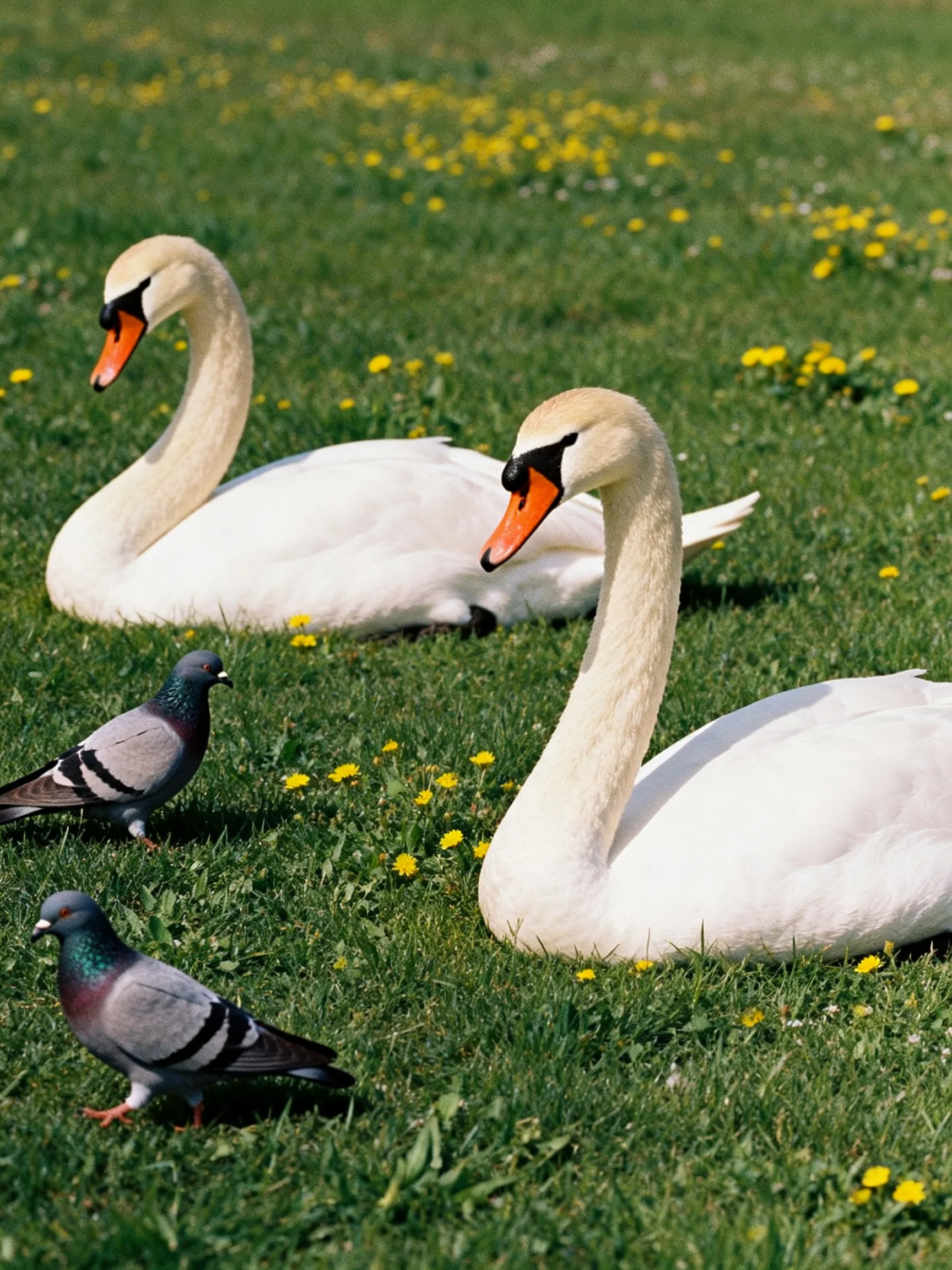 Two white swans rest near gray pigeons on a grassy field with yellow flowers