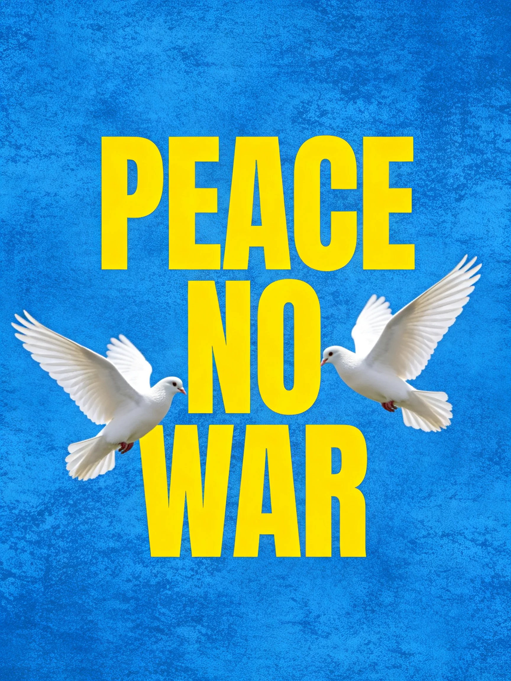 Vertical arrangement of bold yellow text reading Peace No War atop a textured blue backdrop with two 