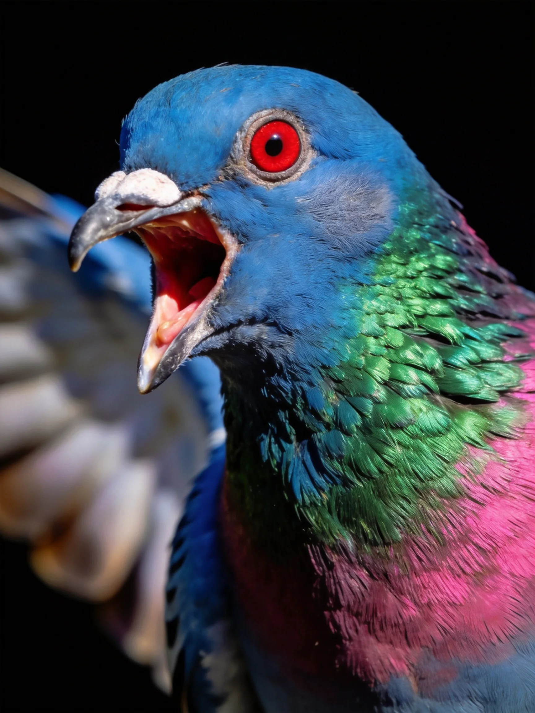Vibrant multicolored pigeon with bright red eye and open beak