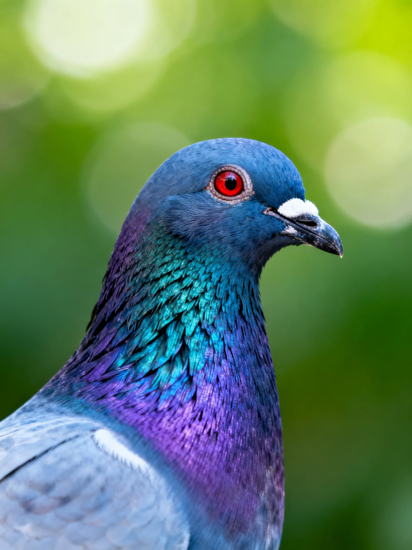 Vibrant pigeon with blue head, purple neck, and red eye
