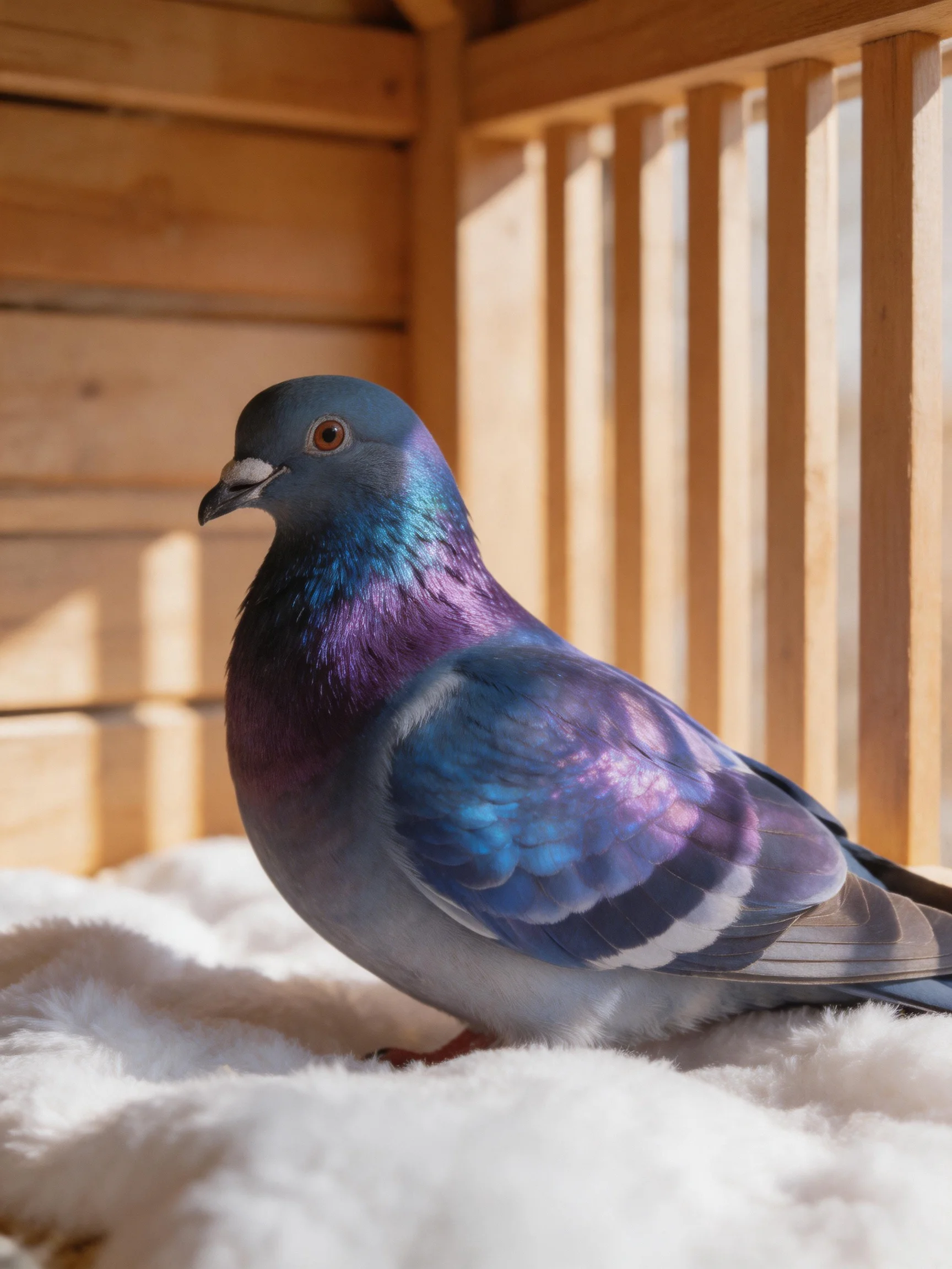 A colorful pigeon rests inside a wooden enclosure.