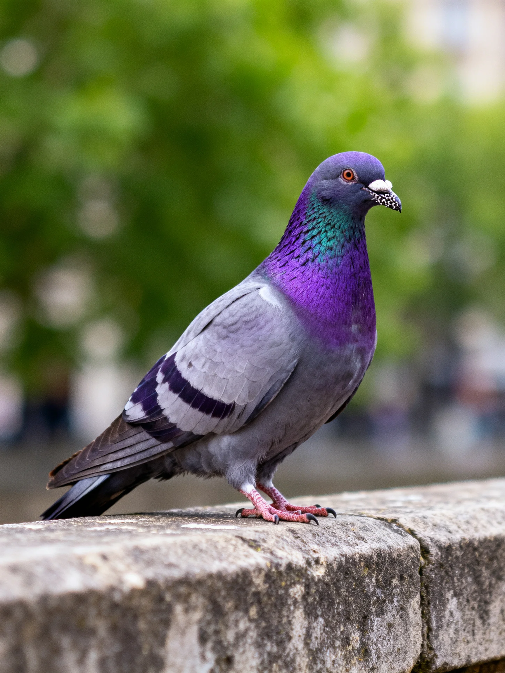 A colorful pigeon rests on a stone ledge with a green backdrop.