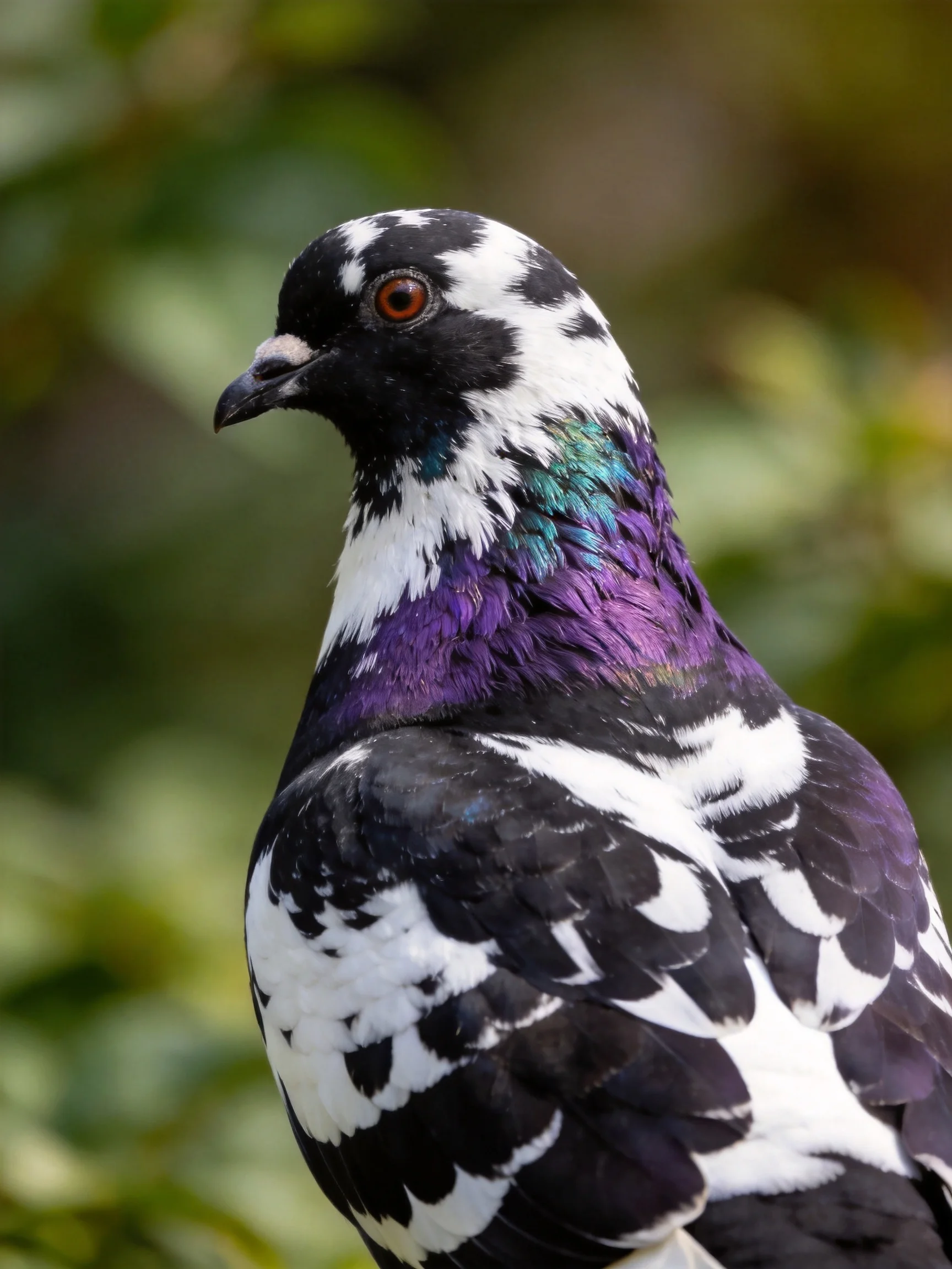 Vibrantly patterned pigeon with black, white, purple, and teal plumage